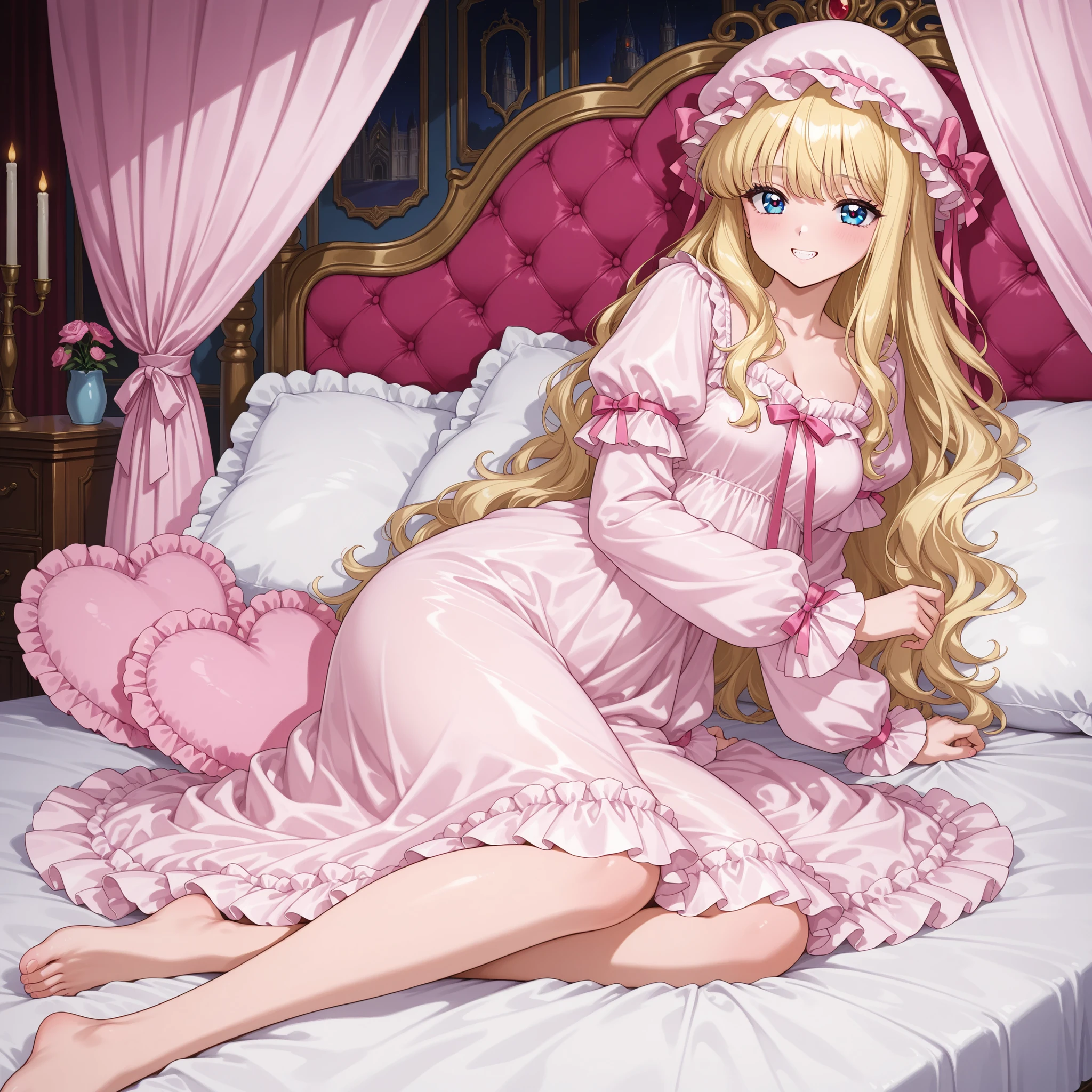 canopy bed,retro anime style,top quality, masterpiece, Highest Resolution, Artwork, super get used to it, many,get used to it, romantic,Luxury,((palace bedroom)),large pink victorian canopy bed,super giant king size bed:1.0,pink silk satin sheets,((Soft Duvet,Round and bulging Soft Duvet,Ruffle Comforter:1.0)),silk satin ruffle pillow,pillows with lots of teeth on the bed, pastel silk satin nightgown with lots of ruffles and bows,1920s Style Victorian Nightgown:1.2))),((Ruffle Mob Cap with ribbon)),((Exquisite York Color with Ruffles and Ribbons,detail ruffle placket:1.0)),((long sleeve,puff sleeve with ribbon, ruffle sleeve )),