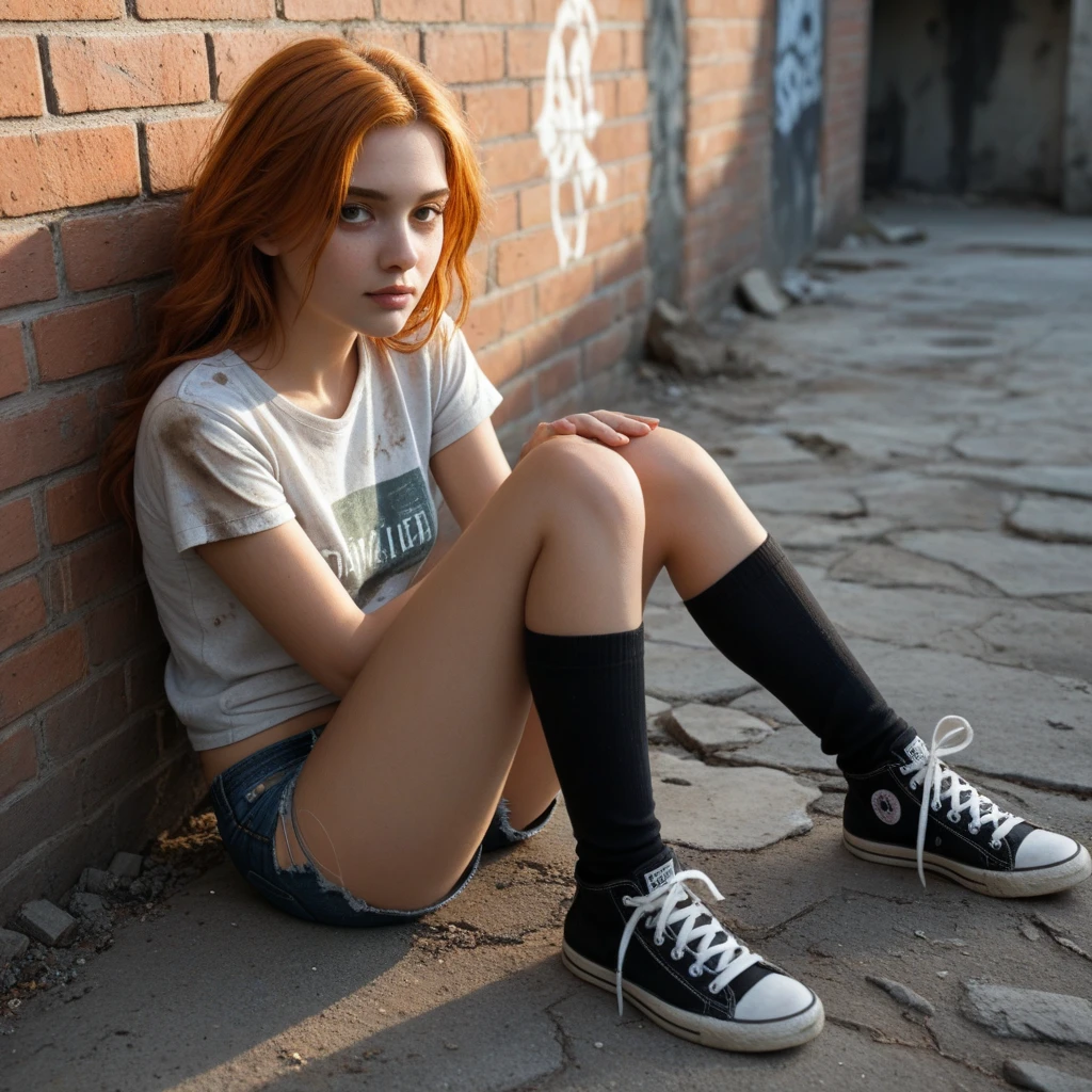 A red-haired girl, 25 years old, sitting on a staircase, holding a champagne glass, Russia. (highres:1.2), realistic, (portrait:1.1), (photography:1.1), (streetwear:1.1), (blue saturated, vibrant colors)