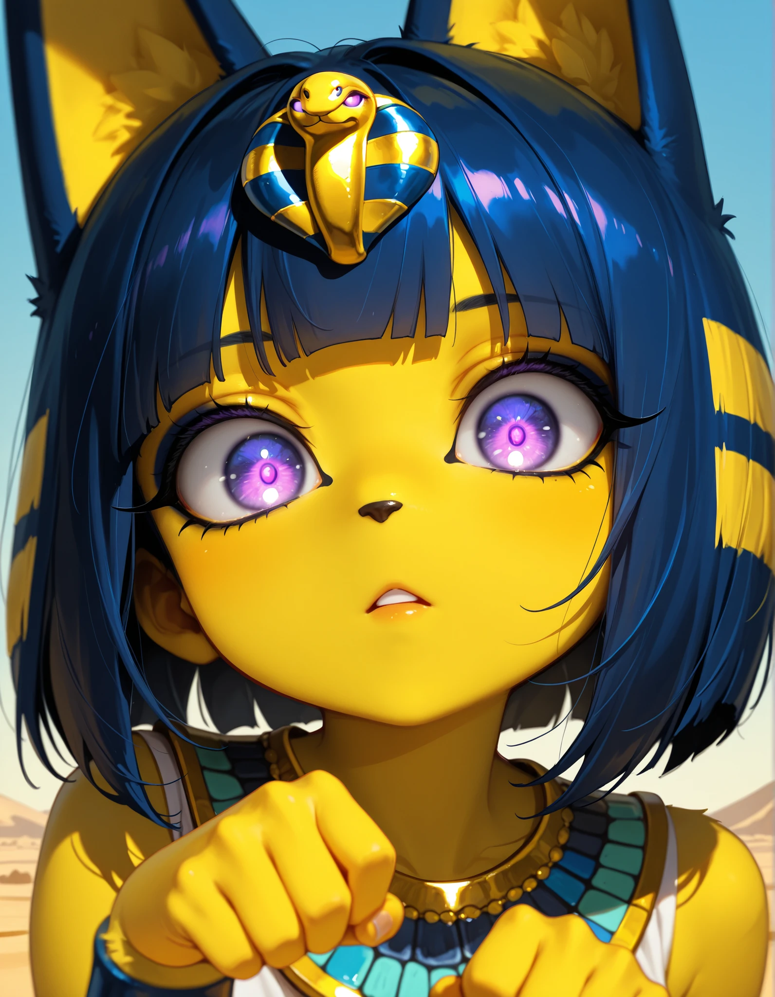 masterpiece, best quality, very aesthetic, 1girl,, depth of field, 1girl, furry, ankha \(animal crossing\), expressionless, eye reflection, yellow background, yellow theme, blue background, desert,, purple eyes, glowing eyes, wide-eyed, paw pose, looking at viewer, close-up, parted lips, full body