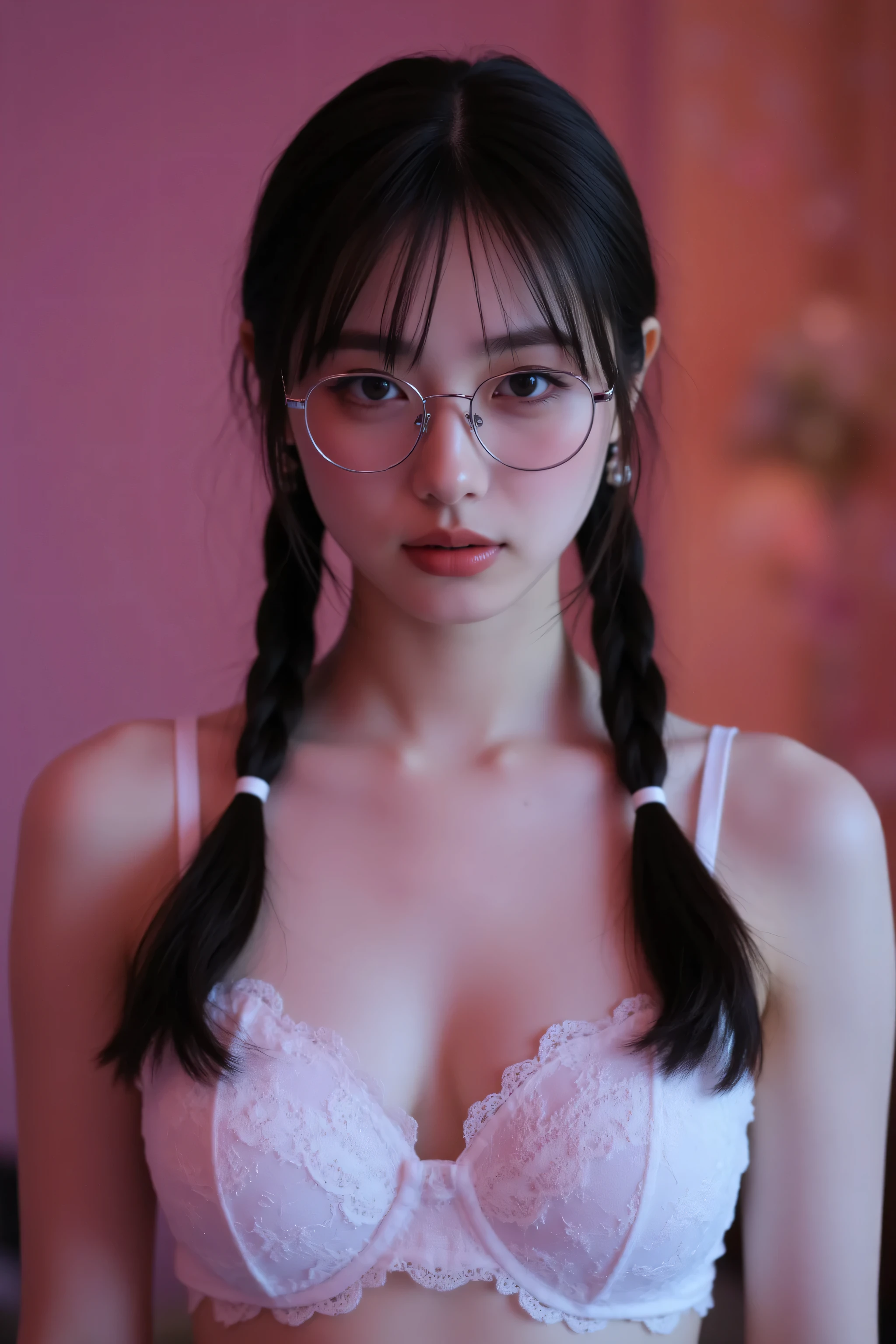 ( best masterpiece、 and above in Tokyo、 winning works )、(1. High school girl:1.1)、(Twin tail hair with low braids:1.8)、(Glasses with thick plain edges:1.3)、(Petite Girl with Narrow Shoulders:1.5)、(Highlight your body line the most:1.8)、(Wear only a white lace bra:1.3)、(face close-up:1.3)、 perfect portrait photo 、 (small flat chested:1.3)、 Bright, beautiful skin from above 、standing gracefully、( explicit purple and peach luxury bedroom background :1.3)、( purple and pink moody lamp lighting :1.3)、(tyndall effect:1.2)、(very moody and romantic:1.2)、big boobs in front of face、very white skin、tyndall effect、makeup、perfect and beautiful face in the fog、The details of a beautiful face are clearly drawn、sad expression