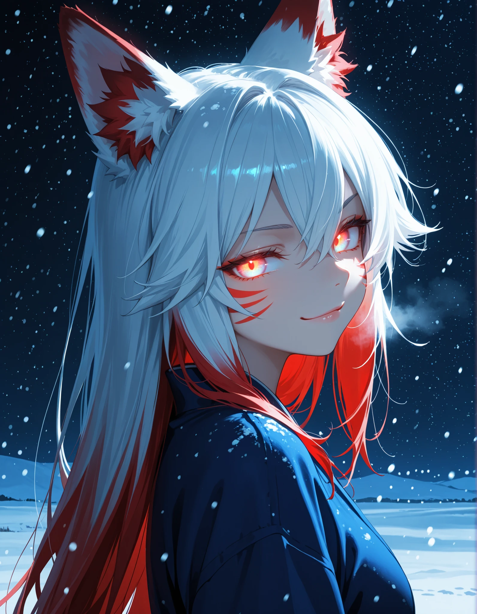 1girl,fox ears,red and blue eyes,glowing eyes,white hair,red hair,hair between eyes,closed mouth,multicolored hair,red whisker markings,upper body,looking at viewer,from side,snowing,smirk,night,dark,masterpiece,