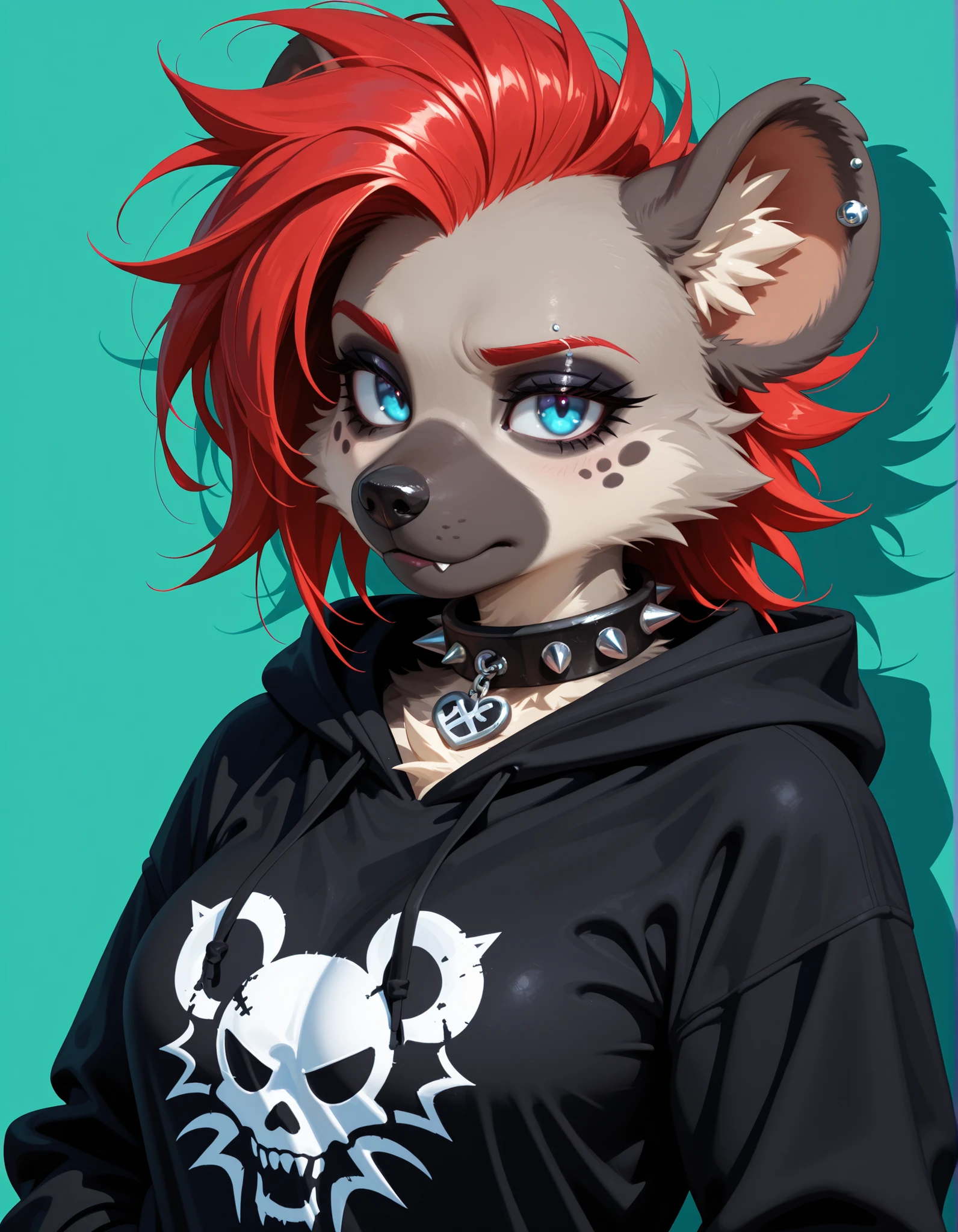 ,, 1girl, solo, anthro hyena, furry, furry female, blue eyes, punk, grey fur, black hoodie, breast, spike collar, red hair,