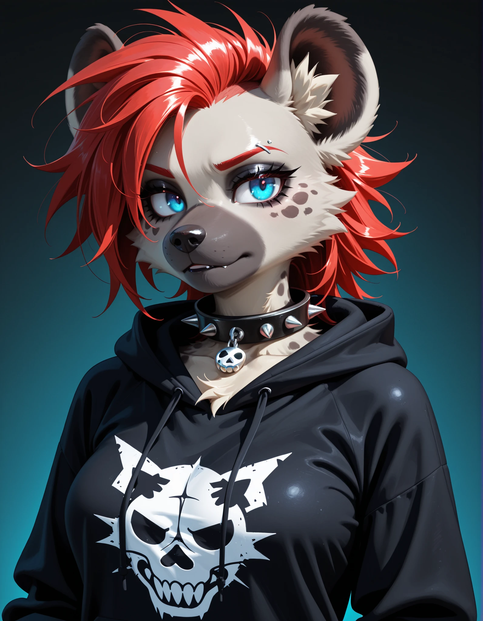 ,, 1girl, solo, anthro hyena, furry, furry female, blue eyes, punk, grey fur, black hoodie, breast, spike collar, red hair,