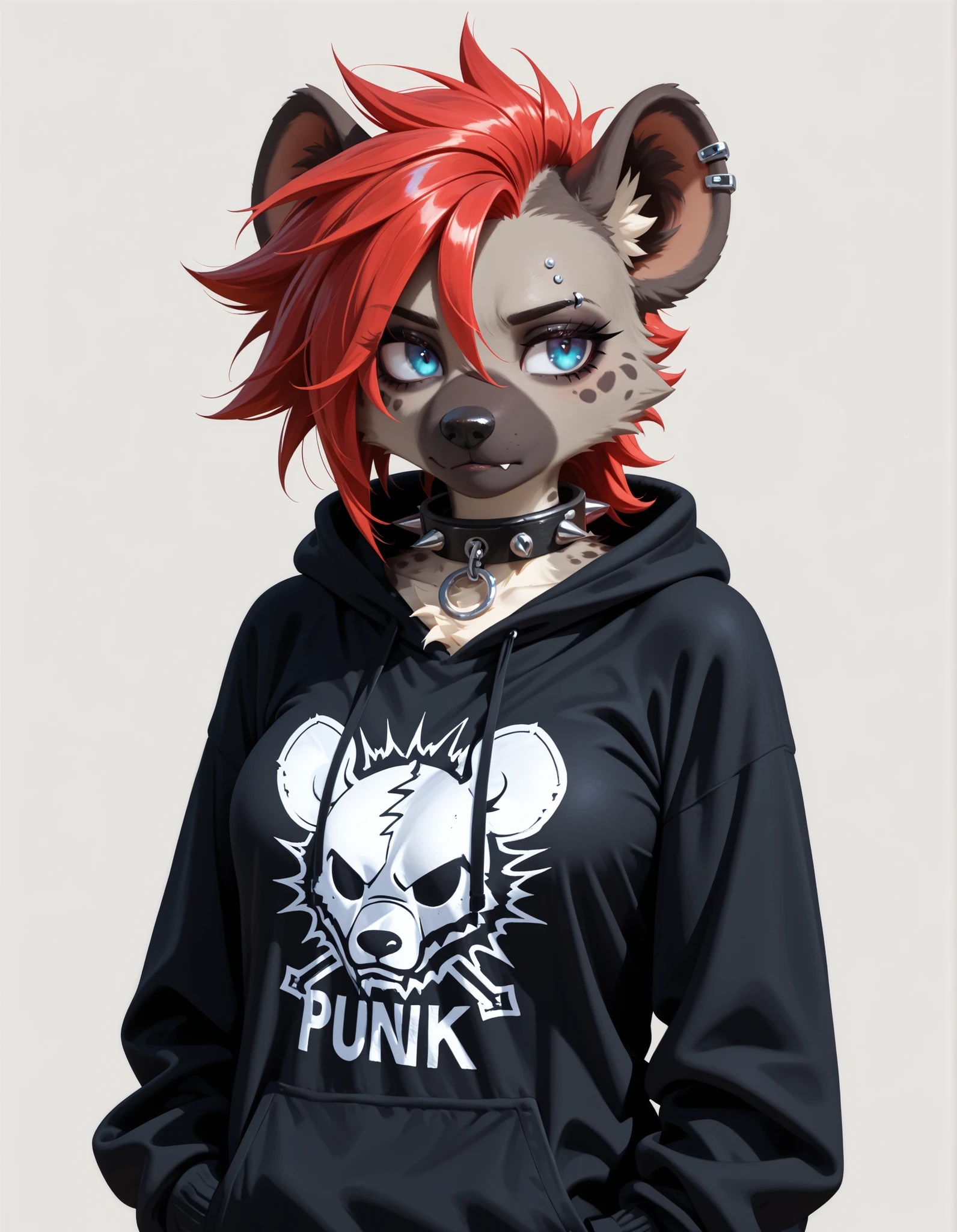 ,, 1girl, solo, anthro hyena, furry, furry female, blue eyes, punk, grey fur, black hoodie, breast, spike collar, red hair,