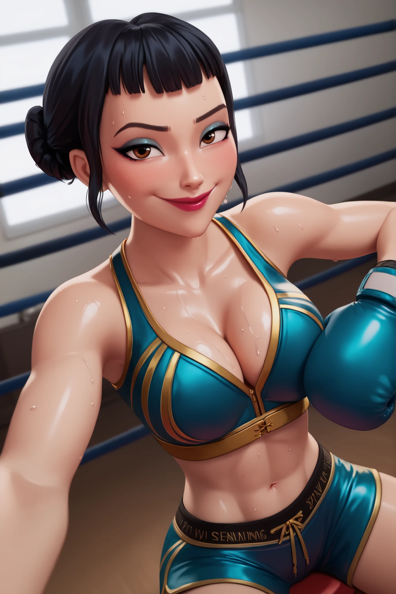 BREAK, score_6_up, score_7_up, score_8_up, score_9, 1girl, solo, kpdh_z0ey, black hair, short hair, hair bun, brown eyes, blunt bangs, lipstick, makeup, official KPop Demon Hunters aesthetic, , busty, cleavage, curvy, athletic, looking at viewer, seducing viewer, teasing viewer, feisty expression, smiling, closed mouth, bedroom eyes, black sports bra with gold trim, white boxing shorts with gold trim, white boxing gloves, midriff, indoors, boxing ring, sitting on stool, closeup, portrait, upper body, high-angle view, blue eyeshadow, black mascara, sweaty, sweat drops, wet skin, shiny skin, blushing