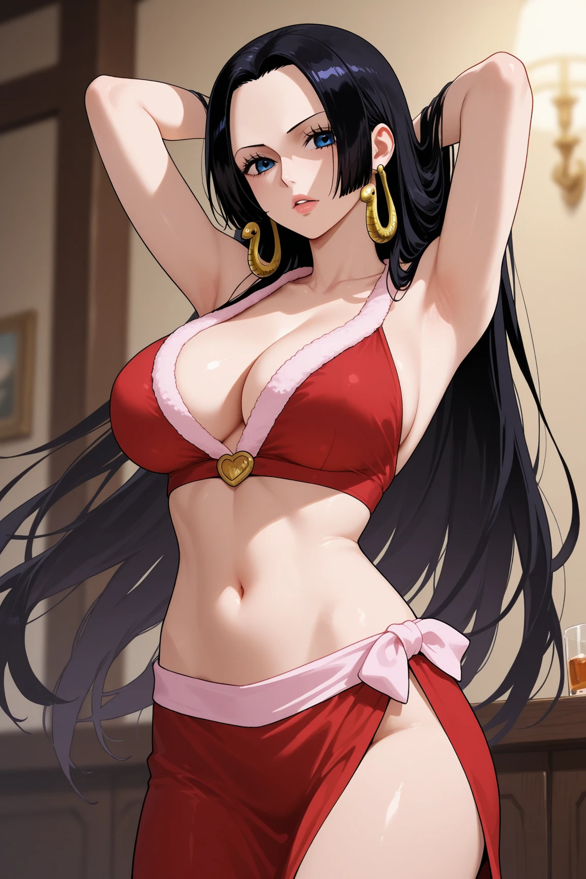 Robin de One Piece,  pose, What if , Elly, Red sari, 8k, anime, Shore, Big Boob, large , Looks  perfect quality eyes blue eyes standing blue 