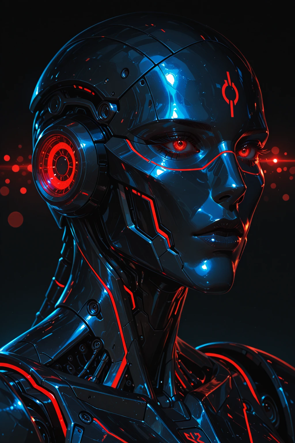 obra maestra, mejor calidad, a closeup of a futuristic looking cyborg girl with a fantastic cyber helmet head with red triangular LED lights and a halo, vestido con una chaqueta Techwear negra, cuerpo entero fondo blanco