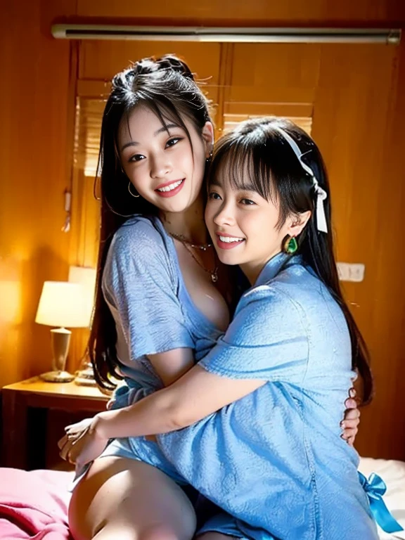 Japanese girl with long straight hair, big , big hip, skinny leg, tiny waist, , touch her tots by her both hands, detailed back ground, back ground is dark bed room 