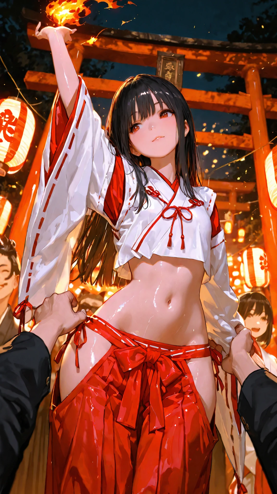 top quality, Picture, in fine detail, young shrine maiden, Authentic shrine maiden costume, long black hair, traditional white and red costume, stretching arms toward the camera, making direct eye contact, Night Fire Festival, Dancing Fire Illuminating Your Face from Below, The sacred torii gate is visible, soft focus festival crowd, lantern in the other hand, Immersive First-Person Perspective, Japanese cultural celebration,wide hips,Hakama, face focus, tilt your neck, shiny skin, belly button