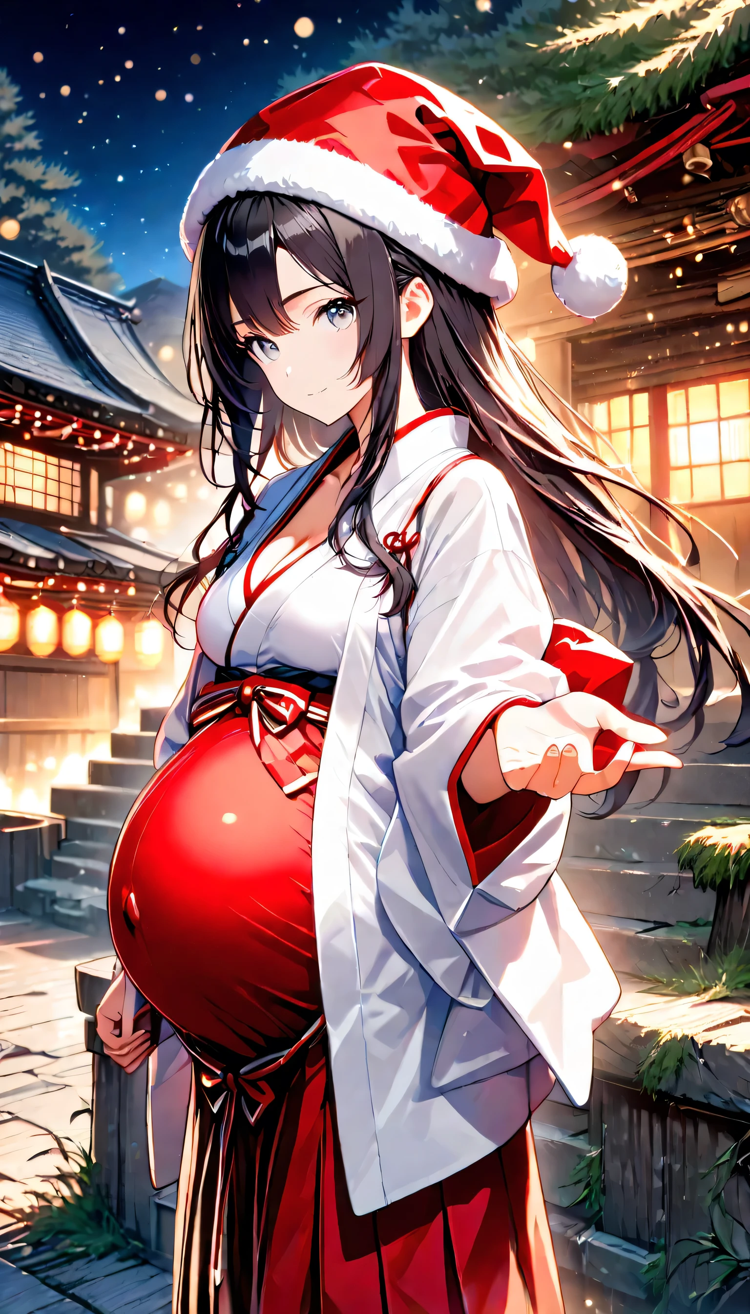 High Resolution, Best Quality, Super Detailed, Masterpiece, 4K, overgrown shrine, night, 1girl, black hair, long hair, grey eyes, medium breasts, pregnant, large round heavy belly, red Christmas hat, white kimono, high-waisted red hakama, sandals, head turned looking at viewer, slight smile, reaching towards viewer, standing, cleavage, side profile, close up