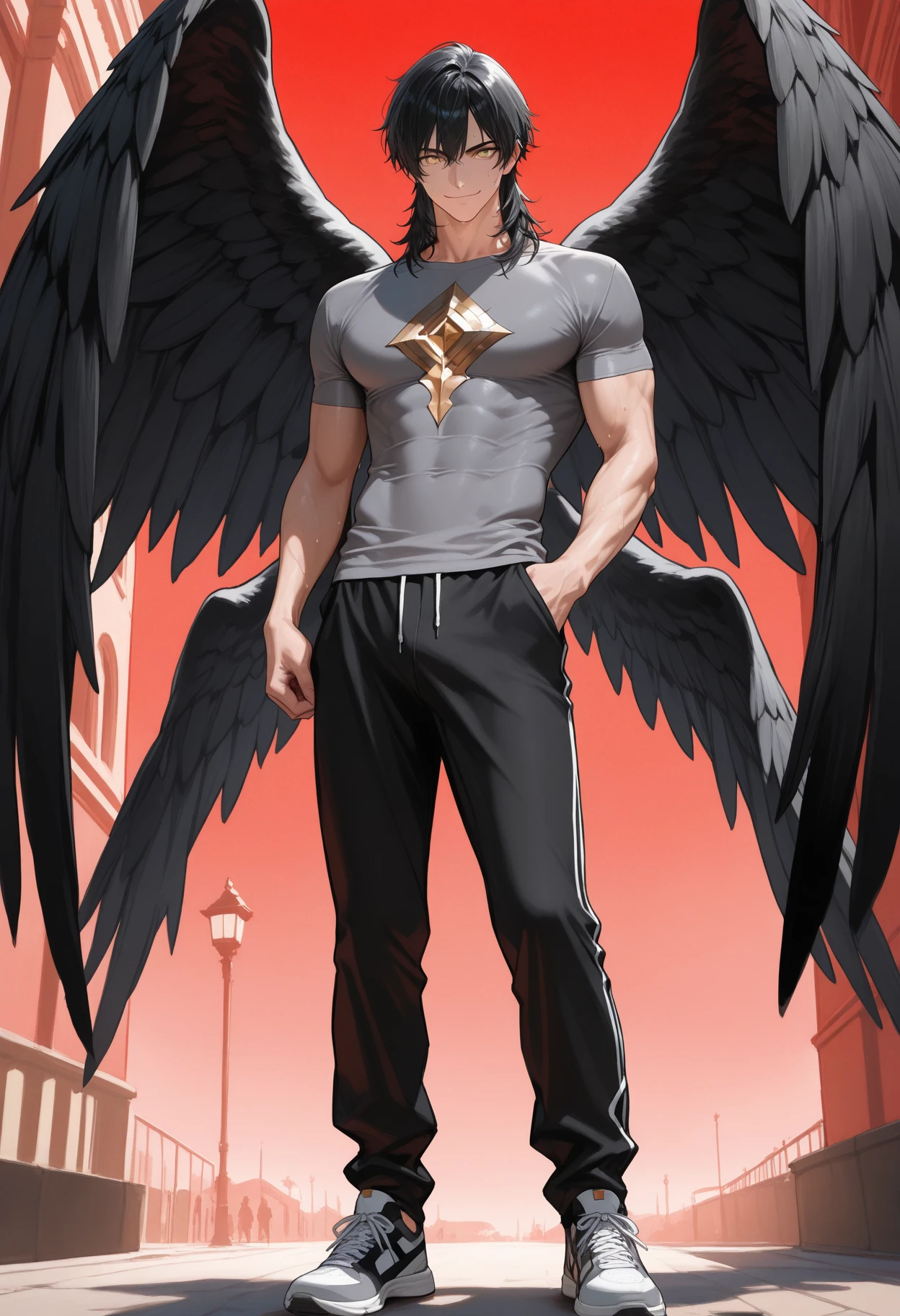 Handsome man, white hair, very short hair, ((crew cut: 1)), red eyes, fair skin, ((muscular: 1)), man, 28 years old, muscular, in good shape, muscular. , gold details, brown leather shawl, baggy gray pants, black and brown belts, black boots, brown gloves, lots of belts, red halo, halo behind the head, feathers flying, horns on the head, feathers falling, angel transformation, transformation Demon, human will not transform, three transformations, black feathers, white feathers, elemental power of light, elemental power of shadow, a seraph of chaos, several skeleton hands, power of death, power of life.

￼



