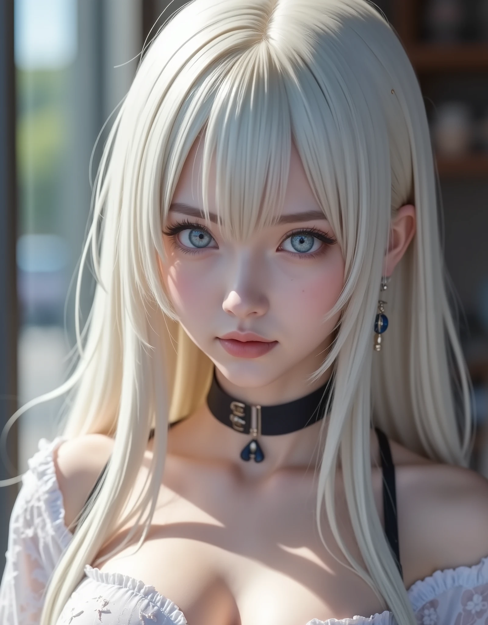 Close up hyperrealistic by Nanatsu no Taizai,white hair,Ultra-detailed heterochromy eyes,emphasized bust,RAW photograph,photorealistic,masterpiece,High quality,definition 8k ,clothing,REALISTIC ANIME STYLE,fantasy background, cinematic lighting
