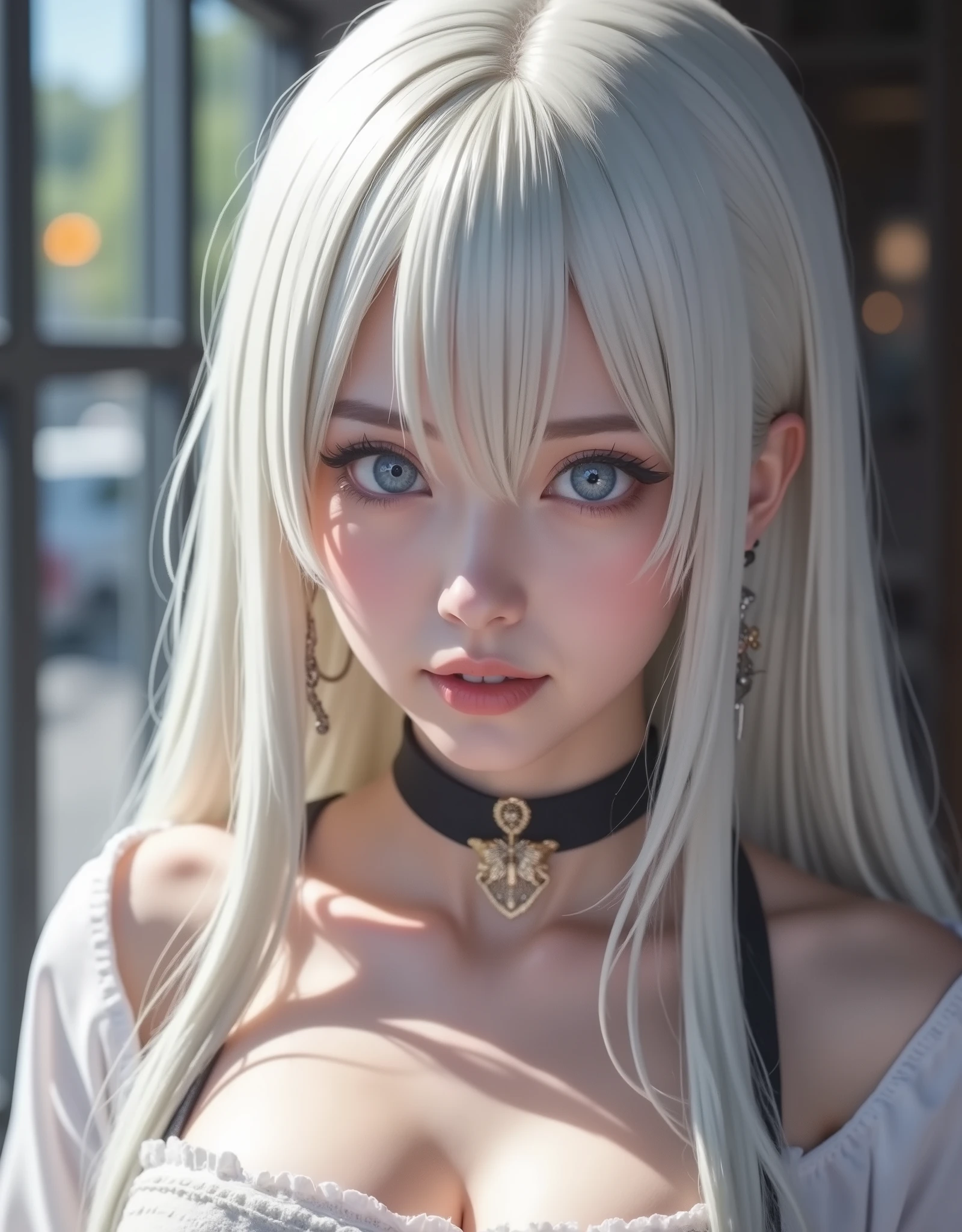 Close up hyperrealistic by Nanatsu no Taizai,white hair,Ultra-detailed heterochromy eyes,emphasized bust,RAW photograph,photorealistic,masterpiece,High quality,definition 8k ,clothing,REALISTIC ANIME STYLE,fantasy background, cinematic lighting
