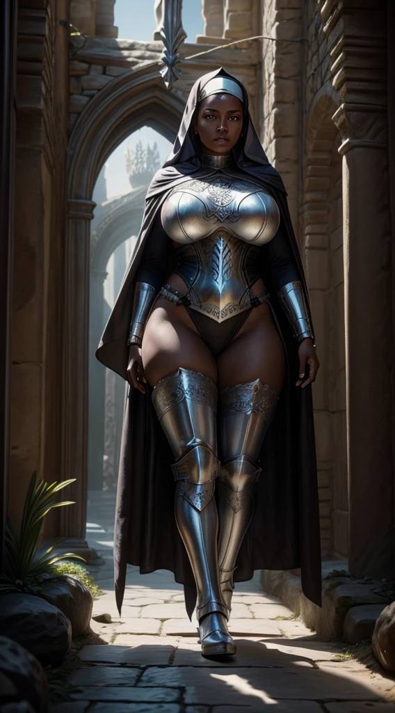 hires digital photo, photorealism, <lora:Charlie_Spradling_PXL_v2:1> spr@l1ng, medium hair, gigantic breasts, narrow waist, wide hips, gigantic ass, thick thighs, <lora:gothicarmorPXL:1> wearing gothicarmor, sallet, gorget, cleavage cutout, wet pussy, PonyXL_Scores, intricate details, high resolution,, gigantic saggy tits, huge areolas, slim waist, huge hips, huge ass, huge thighs, wearing black lace pantyhose bodystockings and high heels, covered pussy, covered breasts,  rating_questionable