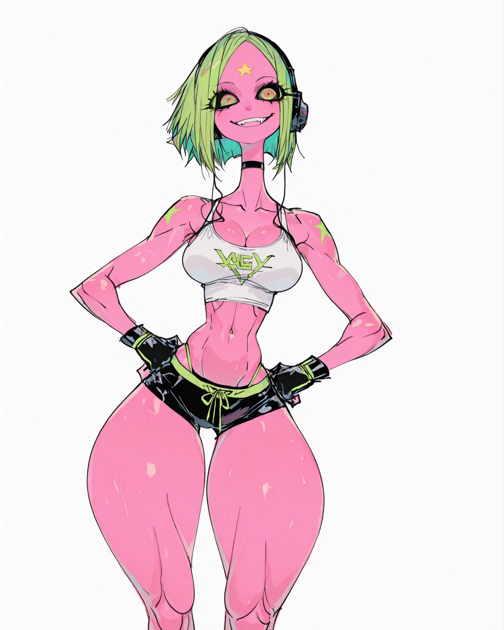 us4styl3,ottos,an alien girl, tall, attractive, black sclera, fluorescent green hair, pink skin, big innocent smile, sexy tummy, wide hips, masterpiece, best quality, amazing quality, headphones, tank top, cleavage, bursting breast, sexy front view, thigh gap, yellow iris, black thick outlines, sharp angular outlines, midriff, legs apart, bright colors, sexiest body, sexy body, supermodel, ridiculously sexy, big cute eyes, sexy muscular legs, sexy long legs, sexy pose, unintentionally provocative pose, flat tummy, long torso, exposed abdomen, well-defined and angular hip and thigh contours, slim, angular borders style, straight hair, cute eyes, brackets, green thong lines, bare legs, fingerless gloves, long legs, sexy legs, supermodel build, no background, ((thick thighs)), ((sexy tummy)), hands on hips, sexy pose, ((rounded breast)), ((exaggerated proportions)), ((provocative posture)), ((facing the viewer)), ((completely front view)), ((sexy body)), ((fluorescent green hair)), white tank top, big eyes, sexy legs, ((very short hair)), y2k style outfit, ((forehead)), ((slim body type)), side bangs, black booty shorts,