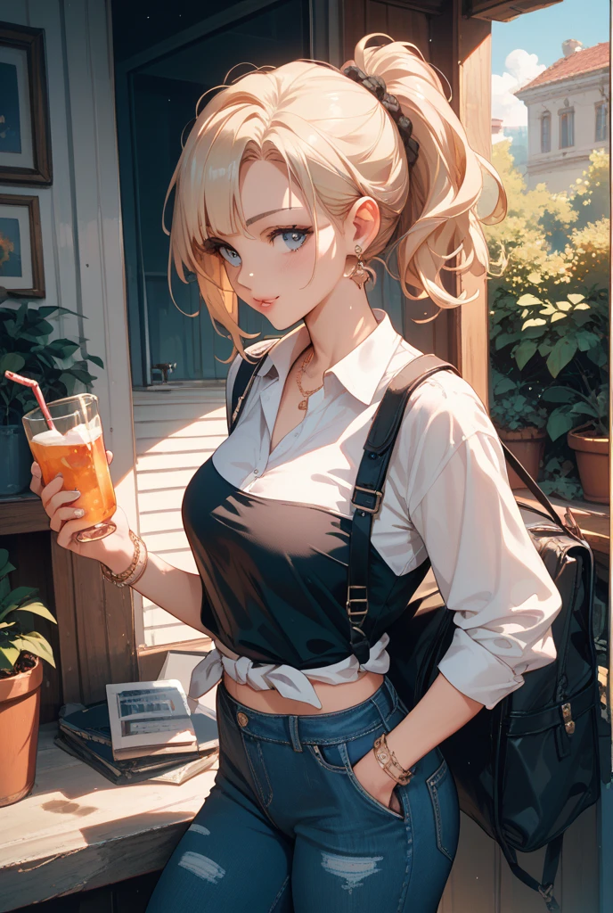 (masterpiece, Best Quality, ultra-detailed, high resolution, extremely detailed CG, official art, Professional Lighting, Perfect , anime colors), (from below), looking at viewer, cowboy shot, perfect body, a 24yo beautiful girl, sidelocks, hairband, earrings,medium , glamorous body,a small face,beautiful-makeup,Makeup light,dark brown hair, Amazing , thin waist, cute , Raised , small : 1.2 posed :1.2, (off shoulders,Denimbra,legginullnude), micro denim shorts,  legs, nail_polish, pale skin, Waiting friend, (morning:1.5), tokyo, (convenience store:1.3), outdoor, (depth of field:1.3), contrapposto, (Hold a coffee in your hand:1.3),delicate beautiful face, Bright blue eyes, cute eyes, sparkling eyes, Big eyes, ( :1.1), (pointed :1.3), looking at viewer,
