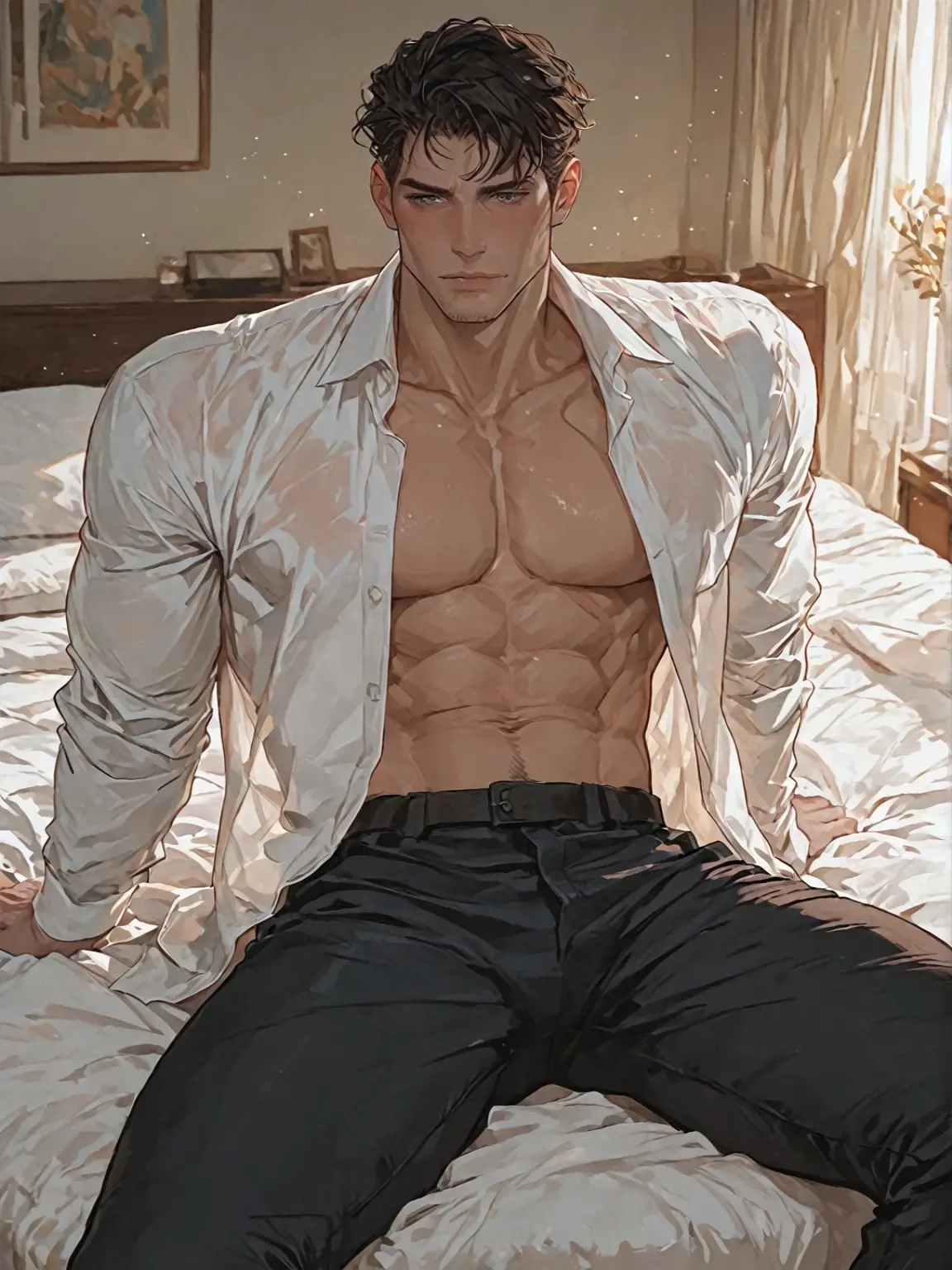 1boy, extreme realistic very handsome young boy, having very realistic well defined body shape features and well defined abs and packs, wearing transparent white shirt, male_focus, muscular, muscular_male, solo, bara, pectorals, pants, short_hair, navel, large_pectorals, abs, , sitting, jacket, white_pants, open_clothes, window, indoors, looking_at_viewer, open_jacket, parted_lips, brown_hair, black_hair, bare_pectorals, bangs