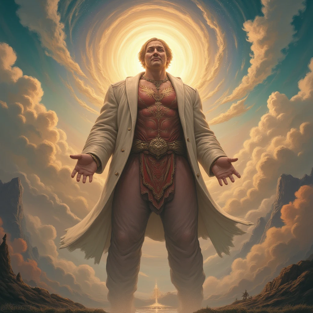 In a highly detailed digital drawing in the distinctive style of Yoji Shinkawa, Jesus Christ is depicted with fluid, gestural lines that create a palpable sense of energy and motion. His form is dynamically posed, conveying an aura of both strength and serenity, with his outstretched arms and intricate facial expressions suggesting both compassion and authority. The rough, textured lines evoke a raw, organic feel, highlighting the imperfections inherent in humanity.

Set against a backdrop of swirling clouds and ethereal light, the limited color palette predominantly features monochromatic tones, interspersed with selective accents—perhaps a deep, vibrant red or a shimmering gold—that draws the eye and emphasizes key aspects of his figure. High contrast areas create a dramatic play between light and shadow, enhancing the depth of the scene while large expanses of negative space evoke a sense of spiritual isolation.

The layering of textures is masterfully executed, combining hatching and digital refinement to build a captivating visual narrative. As viewers absorb the abstract detailing, they are invited to interpret the minimal facial features and subtle gestures, each stroke suggesting deeper meaning. The overall composition embodies controlled chaos, where dynamic line flow guides the viewer’s gaze across the artwork—leading them to contemplate the profound message conveyed through this vivid representation. The emotional atmosphere resonates with a powerful blend of reverence and introspection, capturing the essence of a timeless figure in a contemporary expression.