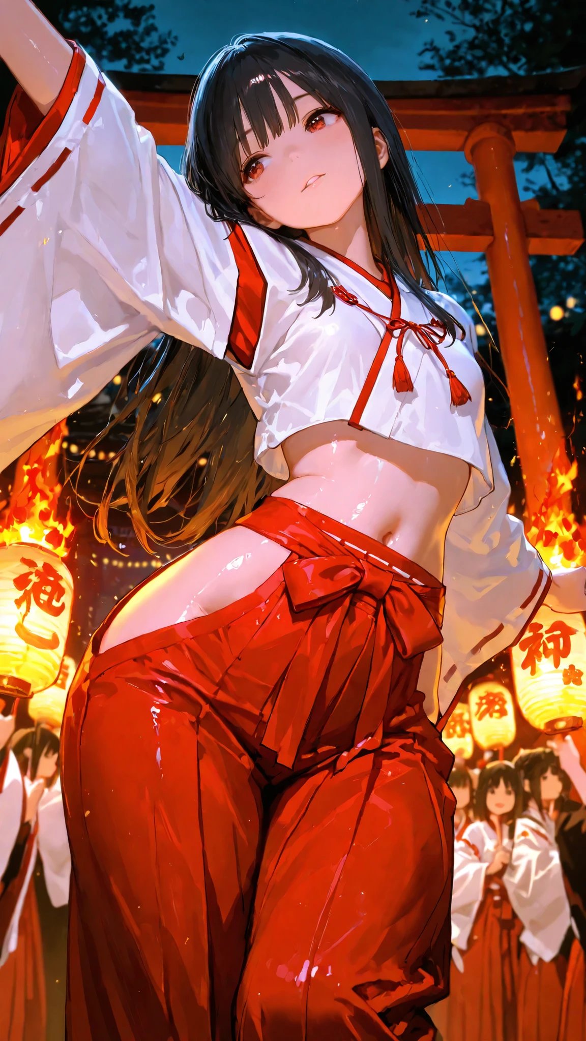 top quality, Picture, in fine detail, young shrine maiden, Authentic shrine maiden costume, long black hair, traditional white and red costume, stretching arms toward the camera, making direct eye contact, Night Fire Festival, Dancing Fire Illuminating Your Face from Below, The sacred torii gate is visible, soft focus festival crowd, lantern in the other hand, Immersive First-Person Perspective, Japanese cultural celebration,wide hips,Hakama, face focus, tilt your neck, shiny skin, belly button