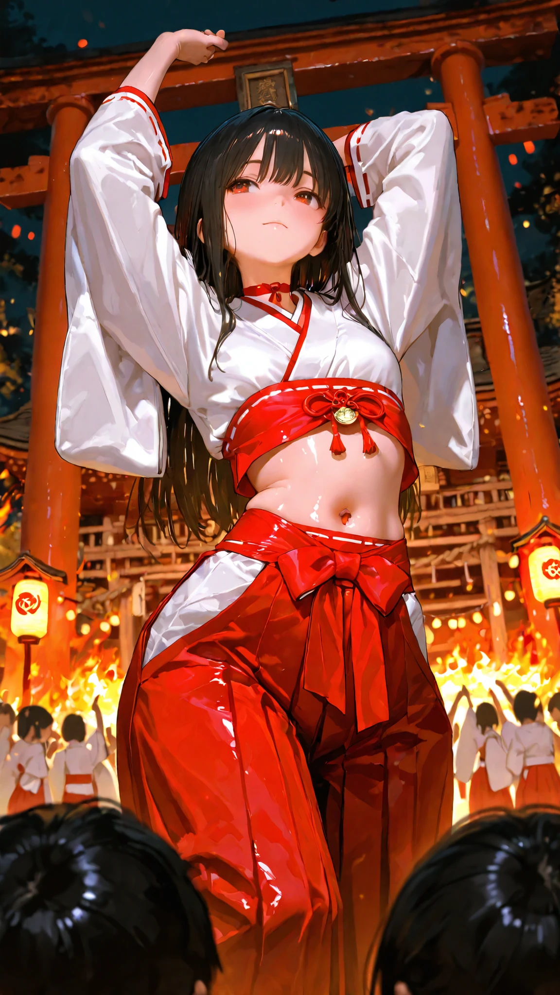 top quality, Picture, in fine detail, young shrine maiden, Authentic shrine maiden costume, long black hair, traditional white and red costume, stretching arms toward the camera, making direct eye contact, Night Fire Festival, Dancing Fire Illuminating Your Face from Below, The sacred torii gate is visible, soft focus festival crowd, lantern in the other hand, Immersive First-Person Perspective, Japanese cultural celebration,wide hips,Hakama, face focus, tilt your neck, shiny skin, belly button,I'm dancing a mystical dance,