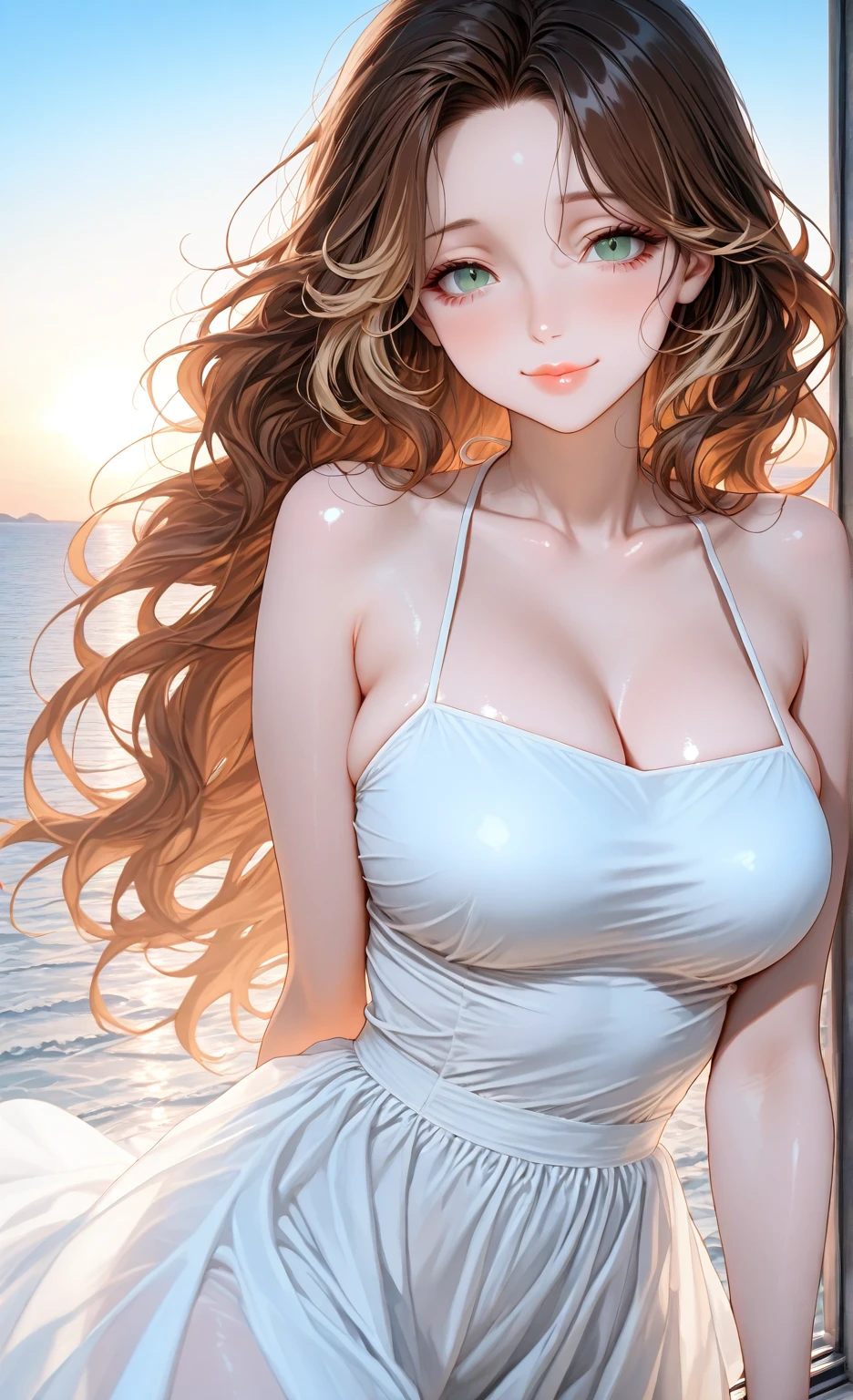 Best quality, 30 year old woman, massive , brown long  hair, blue eyes, skimpy thin white dress, sunset, upper body, , angelic, thin fabric, see through, god rays, fluffy clouds, colourful flower field,