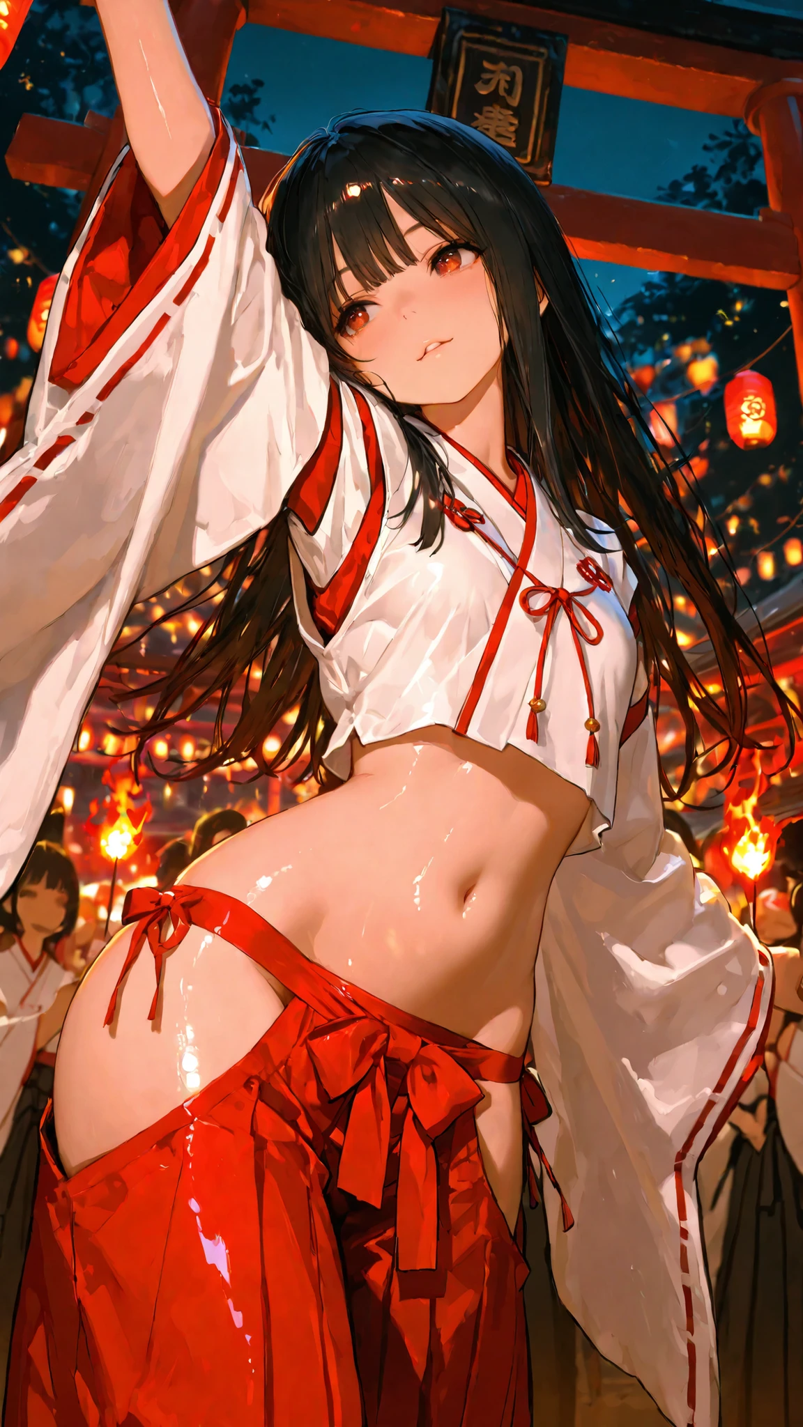 top quality, Picture, in fine detail, young shrine maiden, Authentic shrine maiden costume, long black hair, traditional white and red costume, stretching arms toward the camera, making direct eye contact, Night Fire Festival, Dancing Fire Illuminating Your Face from Below, The sacred torii gate is visible, soft focus festival crowd, lantern in the other hand, Immersive First-Person Perspective, Japanese cultural celebration,wide hips,Hakama, face focus, tilt your neck, shiny skin, belly button