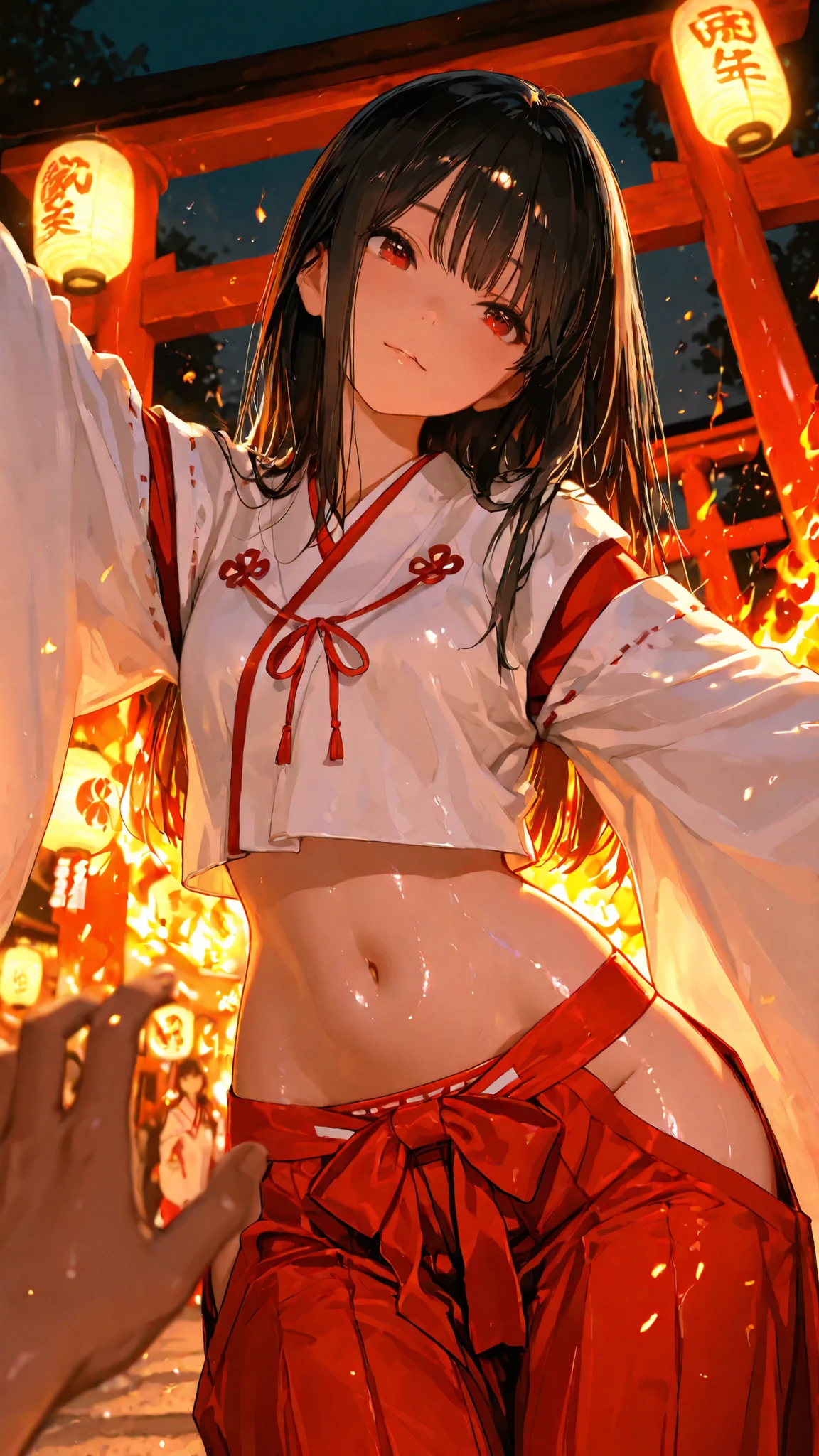 top quality, Picture, in fine detail, young shrine maiden, Authentic shrine maiden costume, long black hair, traditional white and red costume, stretching arms toward the camera, making direct eye contact, Night Fire Festival, Dancing Fire Illuminating Your Face from Below, The sacred torii gate is visible, soft focus festival crowd, lantern in the other hand, Immersive First-Person Perspective, Japanese cultural celebration,wide hips,Hakama, face focus, tilt your neck, shiny skin, belly button