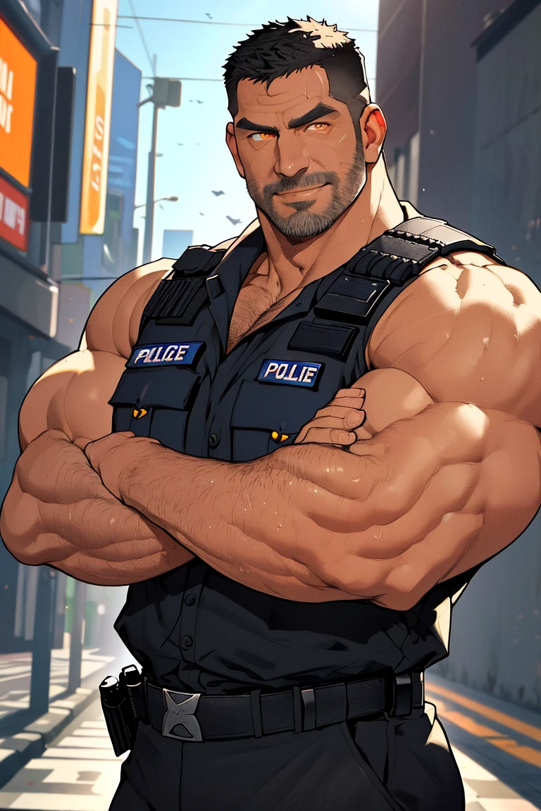 1 man,(Skinheads hairstyles) ,black eye,(Wear jacket navy with a police badge.:1.3),(fit neck),Navy blue jeans,(black_gloves), Korean guy,chest muscles,large arm muscles,blood vessel,Big muscles,Broad shoulders,(Carrying a black backpack:1.3),(sunglasses:1.1), smile, middle of the road,(full_shot:1.6),(In the bread shop:1.2),