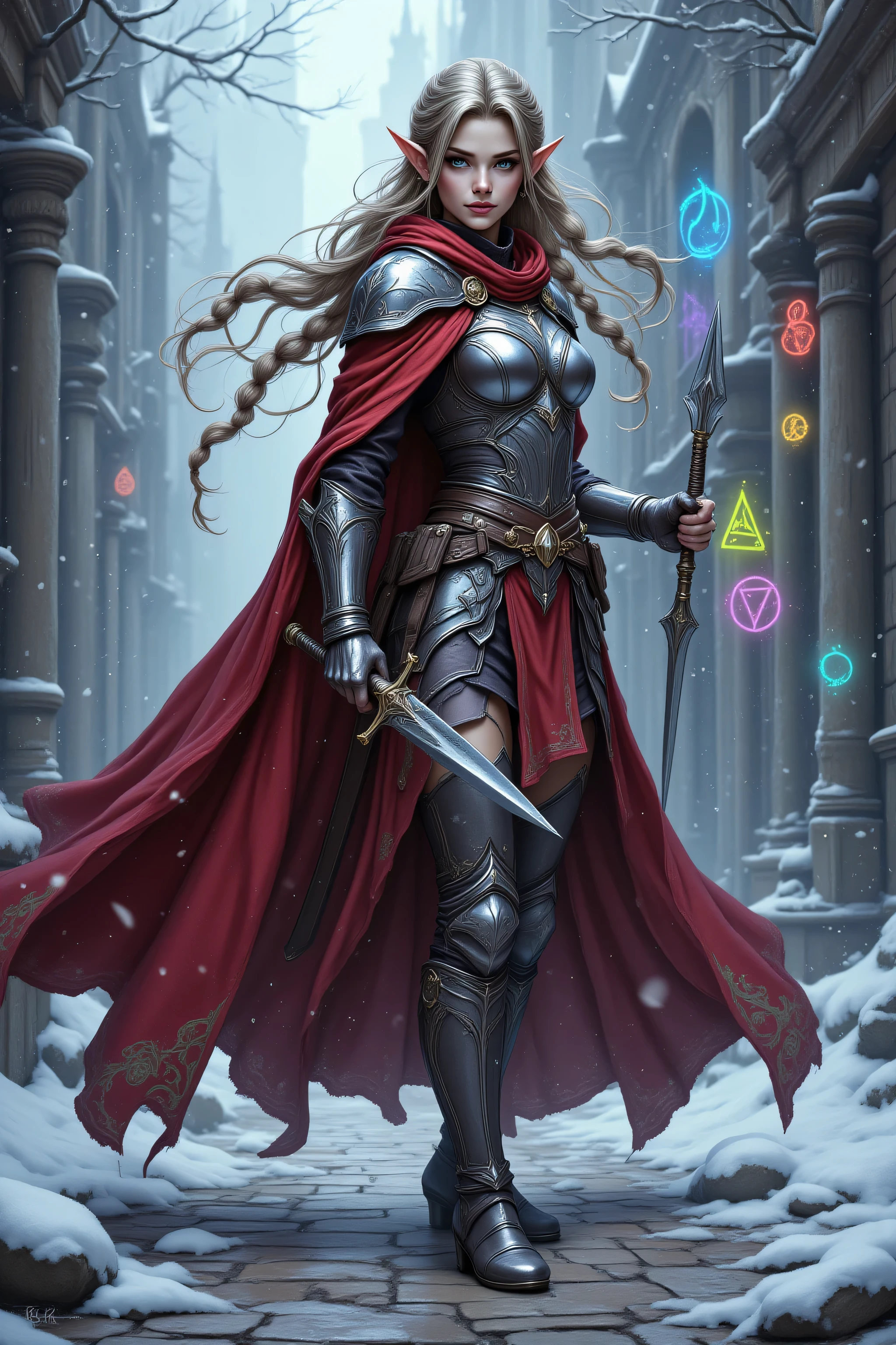 hyp3rd3tail style,realistic cartoon,,a picture of a female elf fantasy swashbuckler, fantasy fencer, armed with a slim sword, shinning sword, metallic shine, wearing multi colored armor, full body (intense details, Masterpiece, best quality)epic beautiful female elf (intense details, Masterpiece, best quality), rich hair, braided hair, small pointed ears, action shot, colorful magical sigils in the air, colorful arcane markings floating,  snowy fantasy urban street,  red cloak, long cloak, sense of daring, sense of adventure,  high details, best quality, 8k, [ultra detailed], masterpiece, best quality, (extremely detailed), dynamic angle, ultra wide shot, photorealistic, RAW, fantasy art, dnd art,fantasy art, 