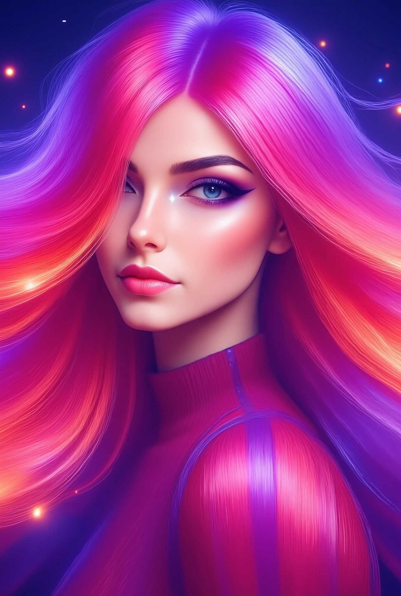 Image is a vibrant digital artwork featuring a woman with long, flowing hair in shades of pink, purple, and orange, creating a striking gradient effect. Her skin is smooth and fair, with a subtle glow that complements the vivid colors of her hair. She has prominent facial features, including large, expressive eyes with long lashes and full lips. The background is a blend of abstract shapes and colors, primarily in blue and purple hues, adding depth and contrast to the composition. The overall style is modern and dynamic, with a focus on bold color contrasts and smooth textures, giving the image a lively and captivating appearance.