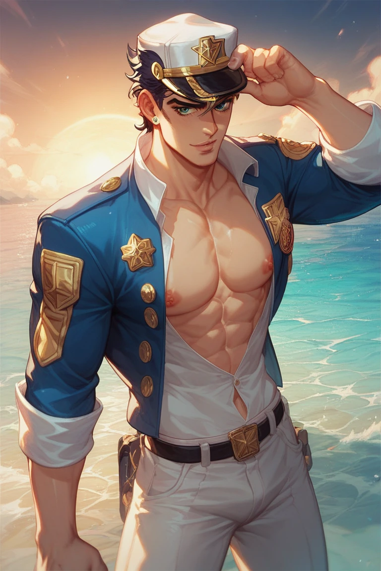 close-up on the face of a handsome and sensual young 18-year-old male, athletic body, spiky black hair, blue eyes with star-shaped pupils, white jacket with gold details,  under the jacket, black pants with gold details.  In the bedroom.