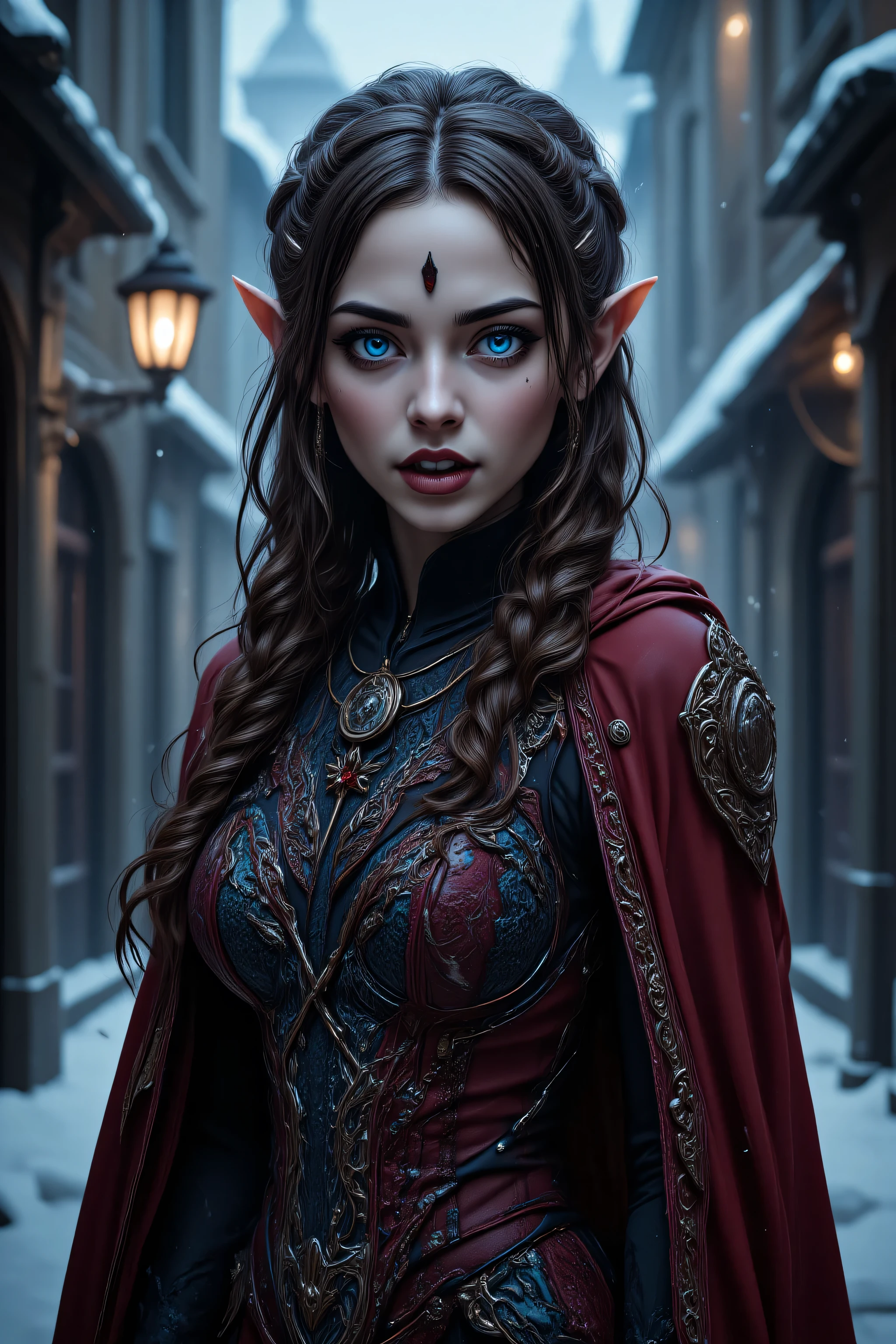 Dracula,zavy-ctcmcs,w1n,hyp3rd3tail style,a picture of a female elf vampire dark fantasy, wearing multi dark colored lace dress , full body (intense details, Masterpiece, best quality)epic beautiful female vampire elf (intense details, Masterpiece, best quality), pale skin, glowing blue eyes, vampire fangs, rich hair, braided hair, small pointed ears, red cloak, long cloak, action shot, colorful ,  snowy fantasy urban street, night time,  sense of daring, sense of adventure,  high details, best quality, 8k, [ultra detailed], masterpiece, best quality, (extremely detailed), dynamic angle, ultra wide shot, photorealistic, RAW, fantasy art, dnd art,fantasy art, 