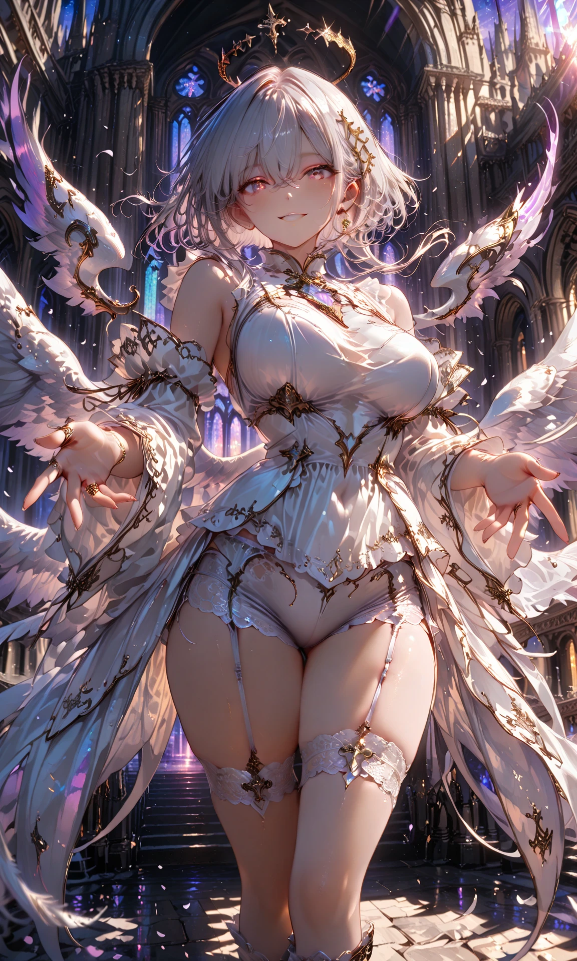 (( (tmasterpiece)，（Very detailed CG Unity 8K wallpaper），(bustshot:1.5), best qualtiy，cinmatic lighting，Photorealsitic, 细致背景，beatiful detailed eyes，Bright pupils，（Very fine and beautiful），（Beautiful and detailed eyes description），ultra - detailed，tmasterpiece，hight resolution)),  ((Dressed in insanely sexy bikini armor:1.4)), Rose gold armor, Richly decorated armor, a beautiful woman warrior, Shorthair, Platinum Blonde Hair, cleavage of the breast, (Big angel wings on the back)