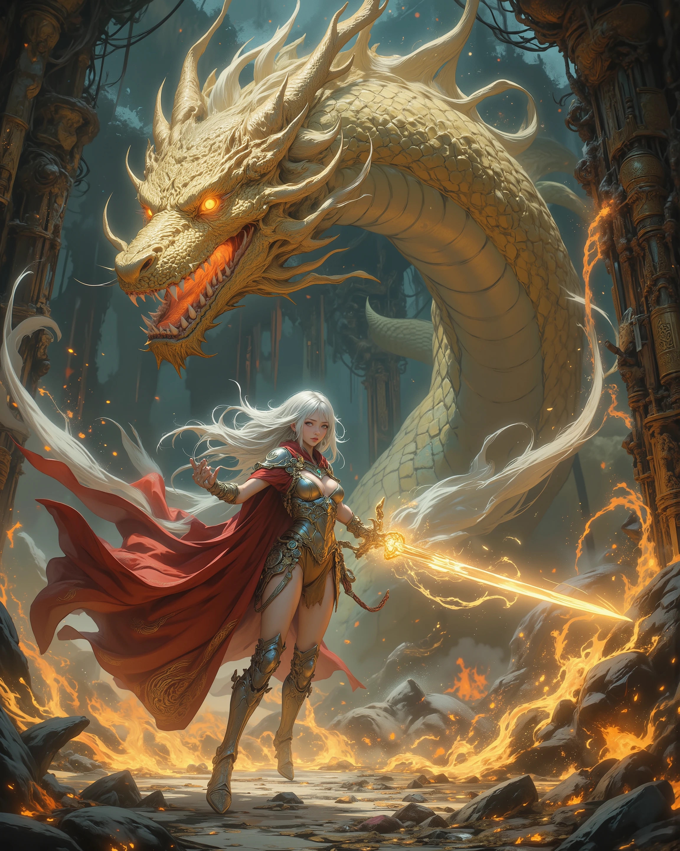 Masterpiece, ultra-detailed cinematic photoreal 8k, breathtakingly beautiful Dragon Quest female warrior in fierce final battle against a colossal golden treasure dragon inside vast ancient dungeon chamber, live-action style.

She has flawless porcelain skin with light sweat glow, perfect face, huge sparkling emerald eyes burning with determination yet shy blush, long silver-white hair whipping wildly. Wearing classic silver breastplate fully covering chest, silver bracers and greaves, red cape dramatically billowing. Long semi-sheer white silk loincloth veil tied at hips fluttering like a battle flag.

Dynamic heroic pose: mid-air leap toward the dragon, body arched in perfect S-curve, both hands gripping glowing holy sword raised high for a devastating downward slash, toned abs and thighs tensed, chest heaving, hair and veil streaming backward.

Enormous majestic golden dragon coiled protectively over mountain of treasure, scales shimmering, massive wings half-spread, roaring with open jaws of fire, ruby eyes locked on her. Golden coins and jewels scattering from impact shockwave.

Dramatic rim lighting, intense fire glow vs cool blue dungeon light, swirling embers and dust, ancient runes flaring bright on floor, god rays piercing smoke, ultra-sharp focus on her determined yet embarrassed expression and sword tip, Canon EOS R5 85mm f/1.2