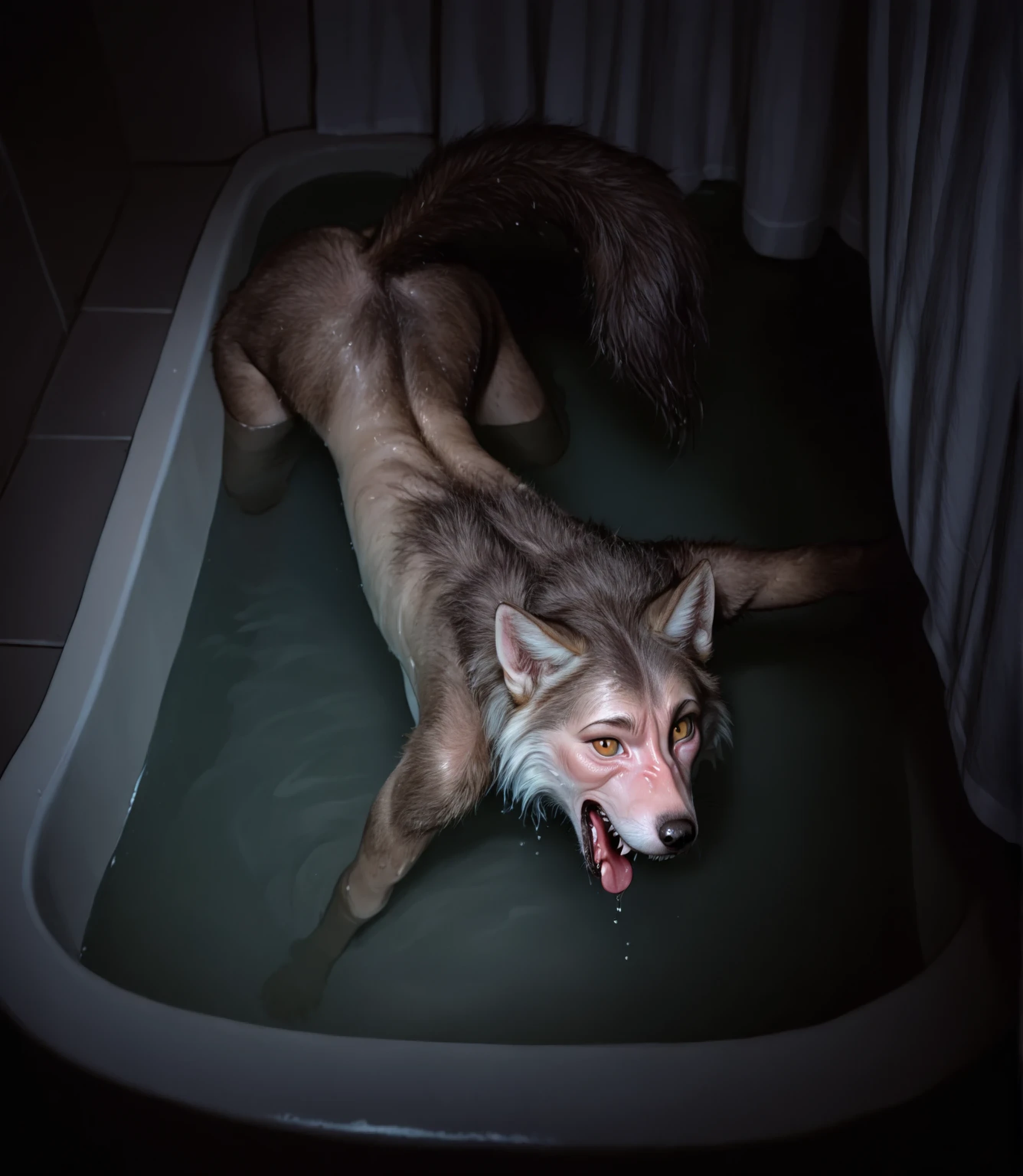 source_furry, source_9, score_8_up, score_7_up, furry art, solo, mustelid, otter, (realistic fur, photorealism, photorealistic),
detailed eyes, looking at viewer, posing, bathing, wet fur, bathtub, soviet union, dirty room, partially submerged,
(pussy, plump labia, breasts, big areola),
<lora:Soviet_Bathroom:1.0>, soviet_bathroom, bathroom, toilet, tile wall