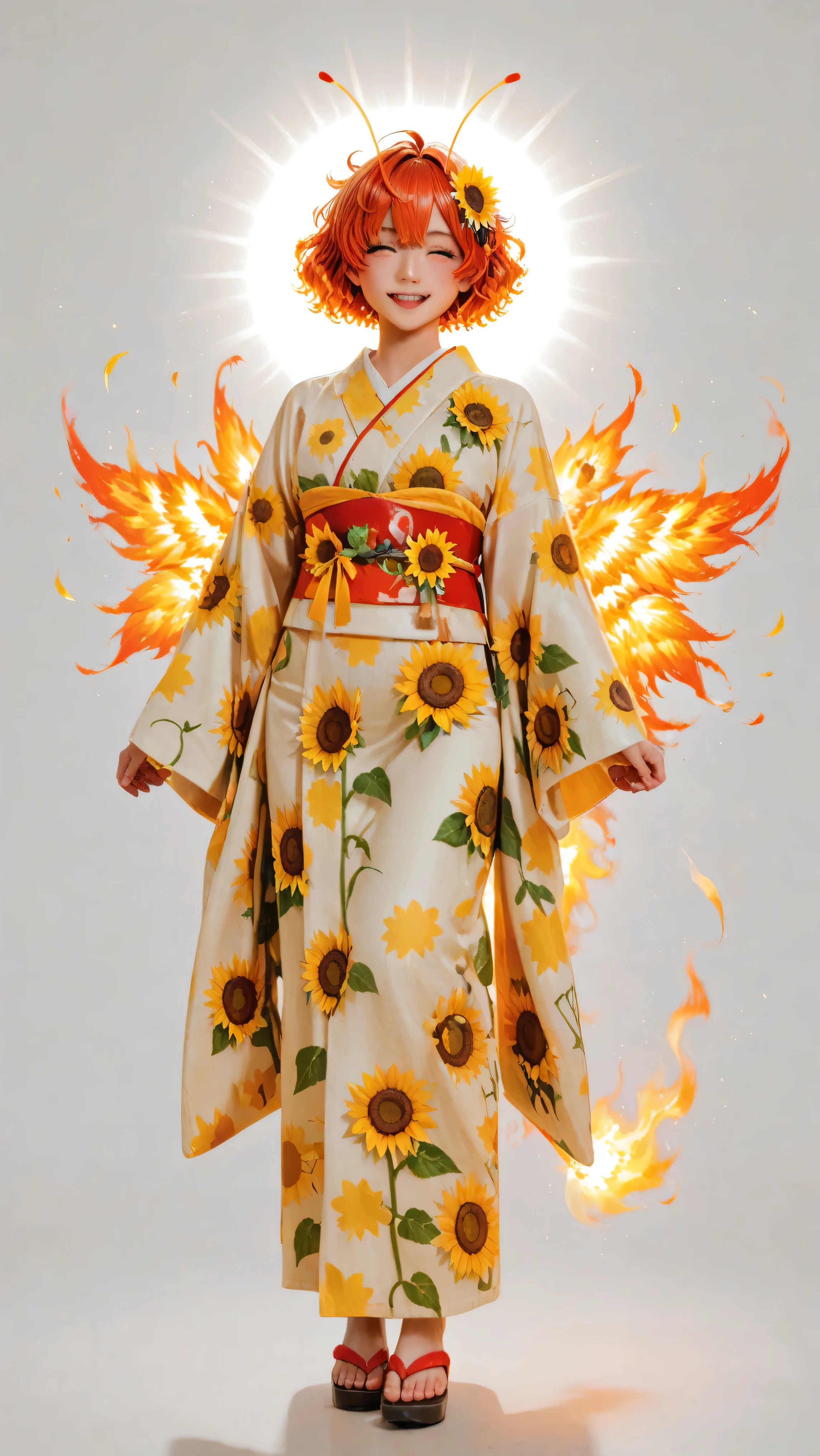 one woman standing、full body shot、 best image quality、 Greatest Masterpiece、 Super Detailed、 High Resolution、 Extremely Detailed CG、 professional photography lighting {x} low angle close-up like a movie、 sunflower flower and leaf pattern、 sandori, sun girl, burning hair, red and orange hair, messy hair, short hair, fluffy wavy hair, sun hair accessory, hair ribbon, flaming tail, flaming wings, sun antennae, upright immovable、Standing Straight、As Rin 、 kimono、cute yellow fabric、sunflower flower pattern、sunflower flower pattern、Sun pattern belt、white hairpin、 woman in kimono standing、simple white background、