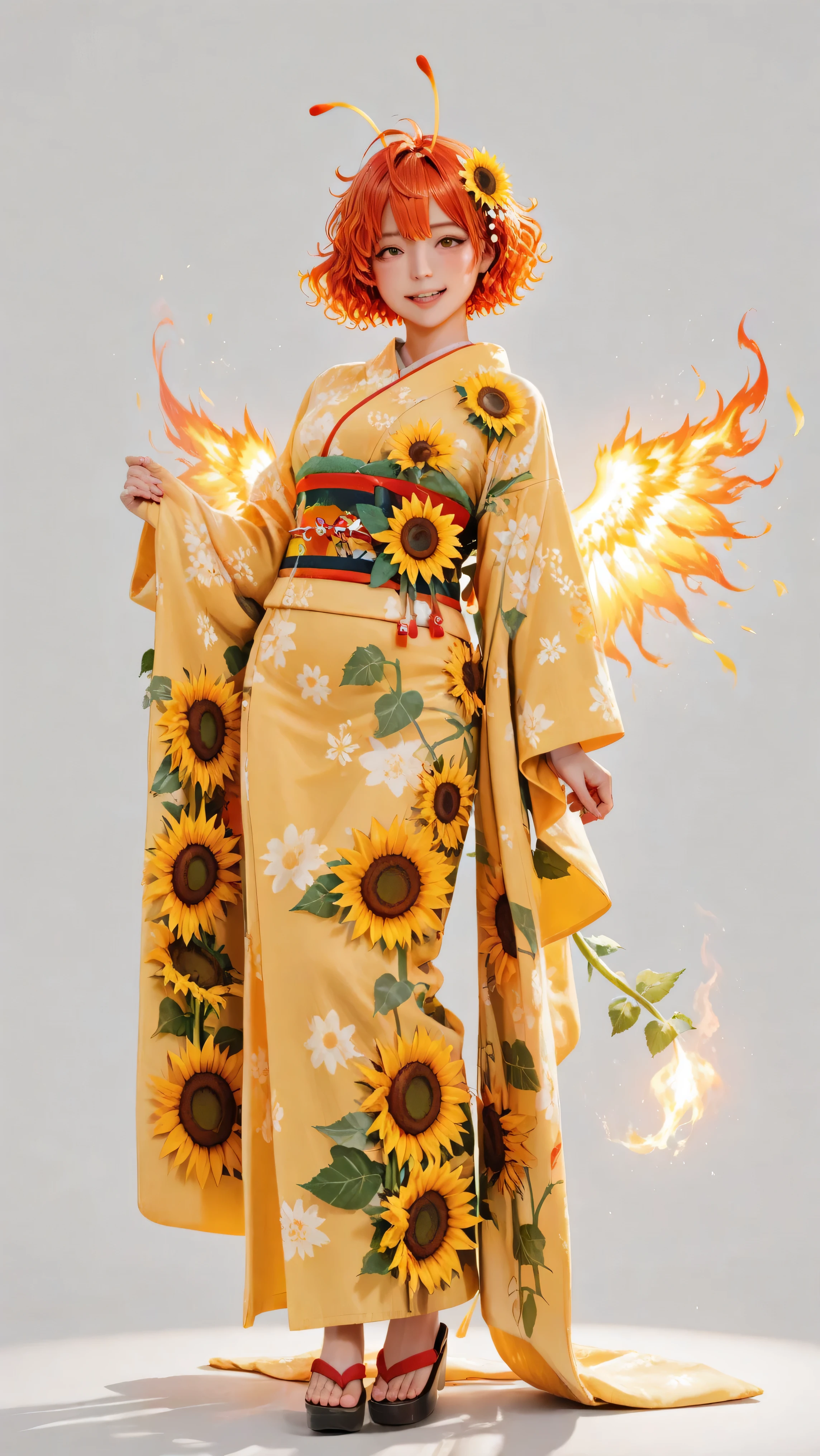 one woman standing、full body shot、 best image quality、 Greatest Masterpiece、 Super Detailed、 High Resolution、 Extremely Detailed CG、 professional photography lighting {x} low angle close-up like a movie、 sunflower flower and leaf pattern、 sandori, sun girl, burning hair, red and orange hair, messy hair, short hair, fluffy wavy hair, sun hair accessory, hair ribbon, flaming tail, flaming wings, sun antennae, upright immovable、Standing Straight、As Rin 、 kimono、cute yellow fabric、sunflower flower pattern、sunflower flower pattern、Sun pattern belt、white hairpin、 woman in kimono standing、simple white background、