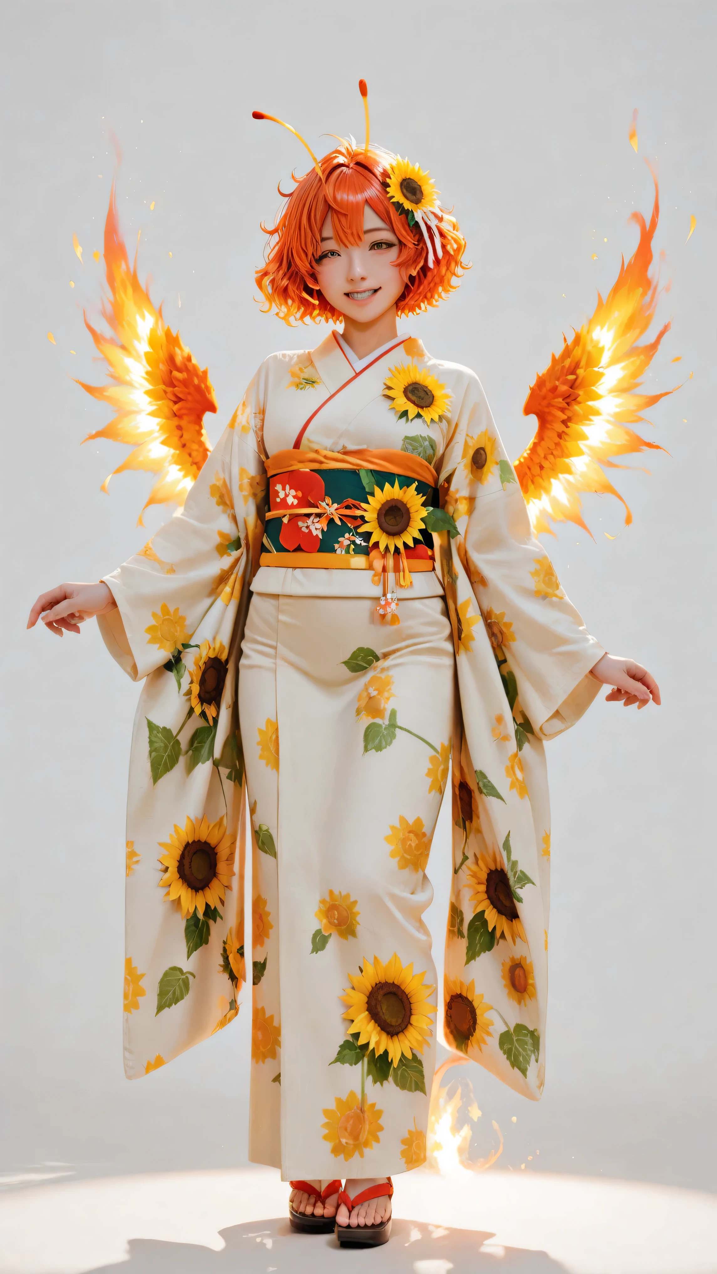 one woman standing、full body shot、 best image quality、 Greatest Masterpiece、 Super Detailed、 High Resolution、 Extremely Detailed CG、 professional photography lighting {x} low angle close-up like a movie、 sunflower flower and leaf pattern、 sandori, sun girl, burning hair, red and orange hair, messy hair, short hair, fluffy wavy hair, sun hair accessory, hair ribbon, flaming tail, flaming wings, sun antennae, upright immovable、Standing Straight、As Rin 、 kimono、cute yellow fabric、sunflower flower pattern、sunflower flower pattern、Sun pattern belt、white hairpin、 woman in kimono standing、simple white background、