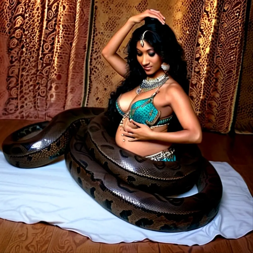  Pregnant  Happy Horny, aroused 1girl), beautiful kneeling indian young teen belly dancer girl  with  giant colossal black titanboa squeezing her hard, wrapped in thick spiraling coils, constricted, struggle, gasping for air, snake attack, snake peril, moonless night, dim light