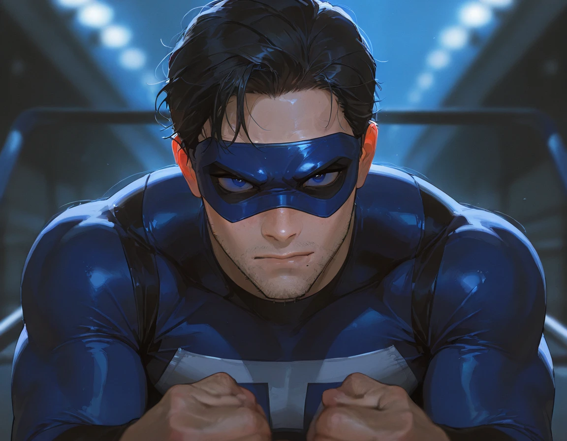 A full-body 3D male realistic model, wearing a full-body hero suit and cape in the pattern of a professional baseball uniform, a very short-haired, crew-cut, cool, dandy-looking, veteran-aged man with a shiny, sparkling blue cape that is longer than his body, gloves and a cap are always worn, an original hero, only the eyebrows, eyelashes and eyes are visible, his mouth is bandaged and sealed, the upper half of his face is  with a sharp look in his eyes, he has six-pack abs, a muscular macho man with a sturdy body and a cool look, his legs are closed, his hands are clasped behind his back in an X shape, his whole body is bound and sealed with duct tape and he is held down. He has collapsed from exhaustion and is sleeping with his eyes closed. A coat of arms, in a dark room as the background, his whole body facing forward, backward, left and right (north, south, east and west), an image of him being restrained and mummified.