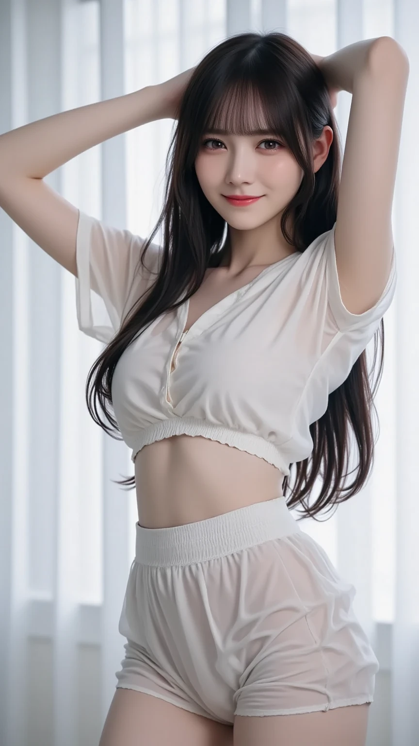 delicate girl，Shy expression，In the bedroom，Super big breasts，whole body，White long hair，translucent