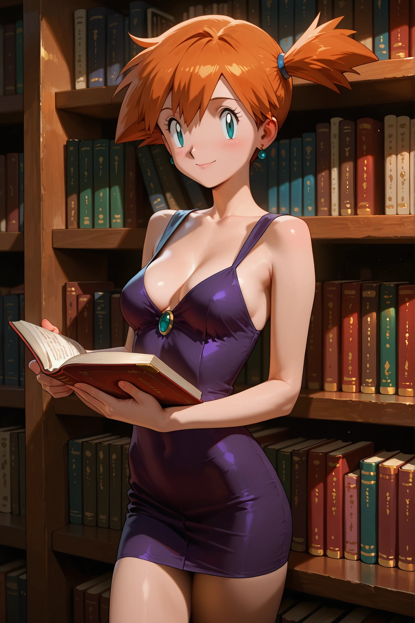 masterpiece, amazing quality, best quality, ultra-detailed, 8K, illustration, ultra-detailed-eyes, soft skin, very awa, very as2, soft body, 1990s \(style\), official art, misty \(pokemon\), side ponytail, aqua eyes, small breasts, skinny, hair intakes, mature female, dress, cleavage, jewelry, earrings, short dress, purple dress, bare shoulders, collarbone, smile, library, books, shelves, reading, quiet, cowboy shot, solo, looking at viewer