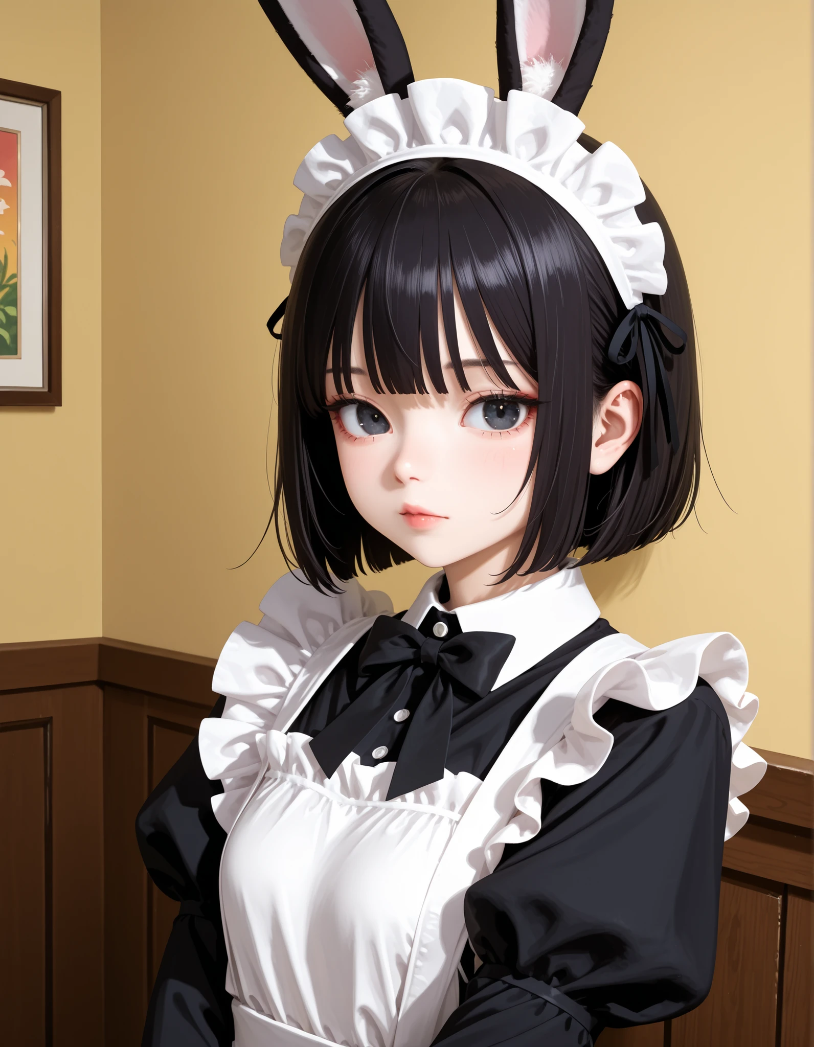 ,, solo, Maya Hell,black eyes,dark hair,bob cut,Maid Outfit、White Apron、White Headdress、 with rabbit ears、cafe
