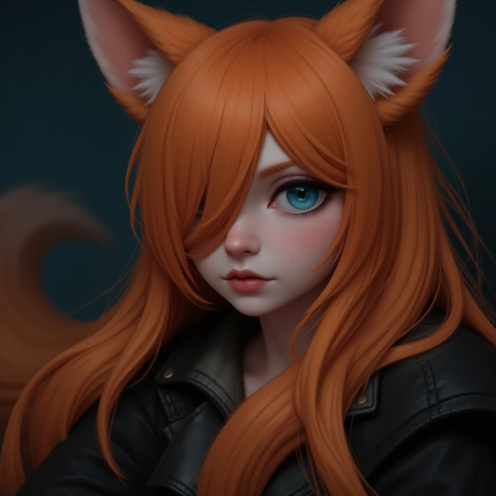 a redhead woman, very long hair falling to butt height. She is wearing a purple blouse that highlights her large breasts.. She has red fox ears, with the inside of the ears in light pink, and a red fox tail with a light pink tip. Only his left arm is completely tattooed. She has fair white skin and a slim body with blue eyes.