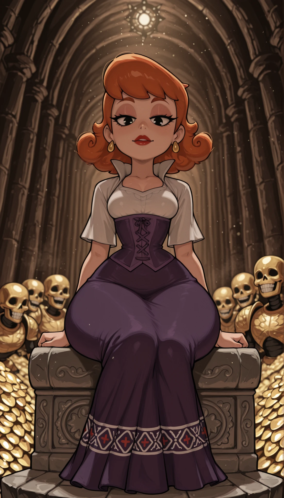 dextersmom, mature female, short hair, slightly curly hair, ginger, black eyes, big eyes, long eyelashes, small , rounded , narrow waist, thick thighs, huge , fair skin, thin hands, earrings, makeup, red lips, lipstick.| Create a Slavic fantasy scene: a group of warriors in traditional Slavic armor (scale mail, long skirts) enters a dark underground cave. In the center, a mysterious figure sits on a massive stone chair, clad in long garments. Scattered around are treasures — piles of gold and ancient artifacts. In the dim light, silhouettes of skeletons and shadowy monsters emerge. The atmosphere is mysterious and tense, rendered in warm earthy tones with detailed textures of stone and metal. Focus on dramatic lighting and intricate armor designs. --ar 16:9