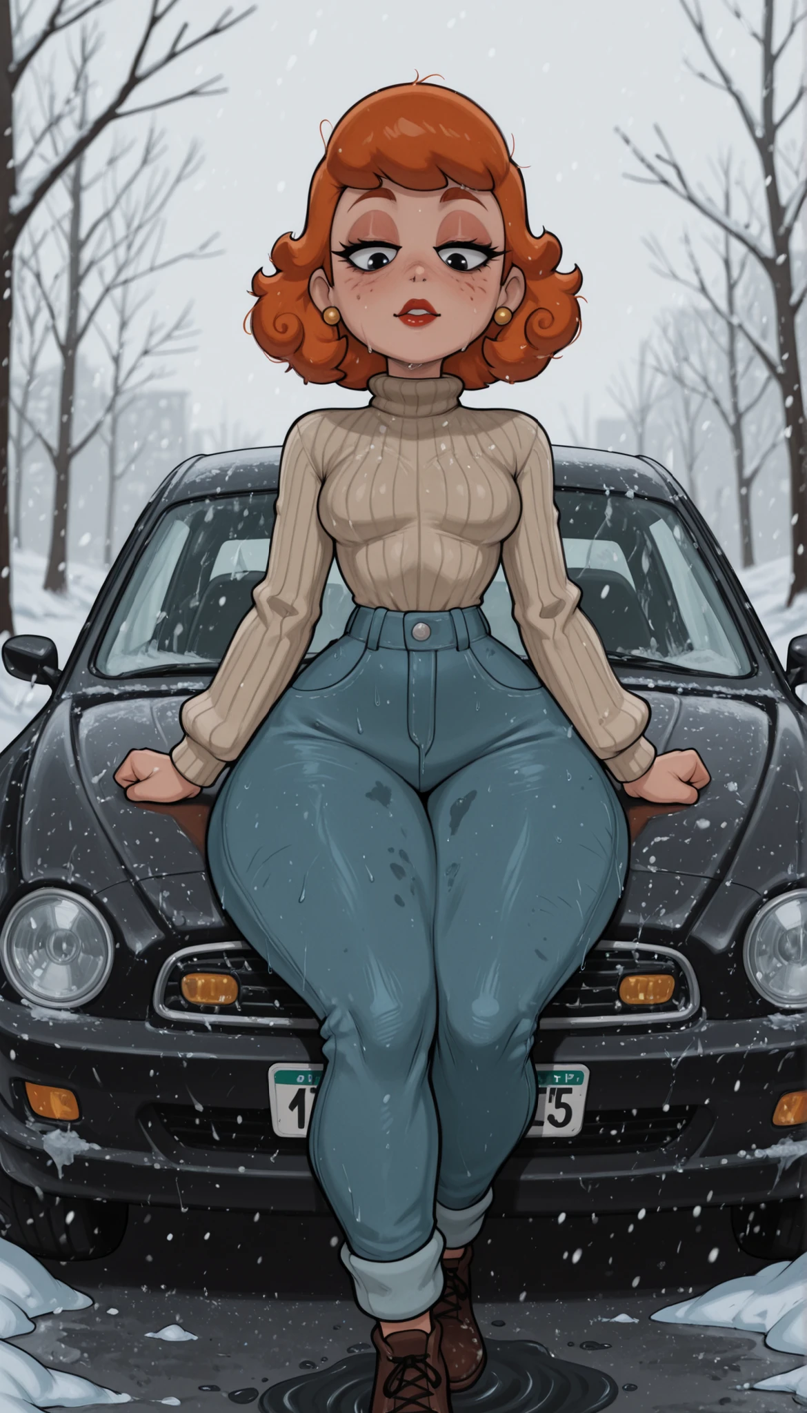 dextersmom, mature female, short hair, slightly curly hair, ginger, black eyes, big eyes, long eyelashes, small , rounded , narrow waist, thick thighs, huge , fair skin, thin hands, earrings, makeup, red lips, lipstick.| Create a cinematic street scene: a weary Uber driver sits on the hood of his old, rusty taxi covered in mud and scratches — the car looks like it’s about to fall apart. It’s winter: gray sky, slush on the ground, trees in the background. The driver wears an oversized sweater with holes and faded jeans, his face showing exhaustion and quiet resignation. Soft, cold light; muted colors with subtle highlights on wet surfaces. Focus on textures — rough knit of the sweater, peeling paint on the car, icy puddles. Mood: quiet storytelling, urban realism. --ar 3:2