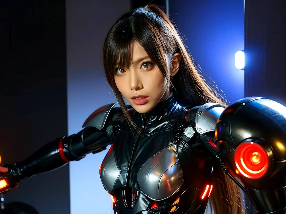 (1 Mechanical Girl)、（Mystical expression）、top-quality、​masterpiece、超A high resolution、(Photorealsitic:1.4)、Raw photo、女の子1人、glowy skin、(((1 Mechanical Girl)))、（Red Metal ）、(Fight goblings、ogre、Fierce battle with Osite、Fierce battle with alien night monster cliff background)、(Small LED)、((super realistic details))、vertical giant monster background),globalillumination、Shadow、octan render、8K、ultrasharp、Colossal tits、Raw skin  in the cleavage、red metal、Details of complex ornaments、Japan details、highly intricate detail、Realistic light、(Mystical expression),CG Society Trenlow Eyes、Eyes shining towards the camera、Mechanical marginal blood vessels connected to neon detail tubes)、(Wires and cables connecting to the head)、Small LED、,Mechanical thighs、Toostock、（Hands are also made of machines.traces on the cliff）、droid、
