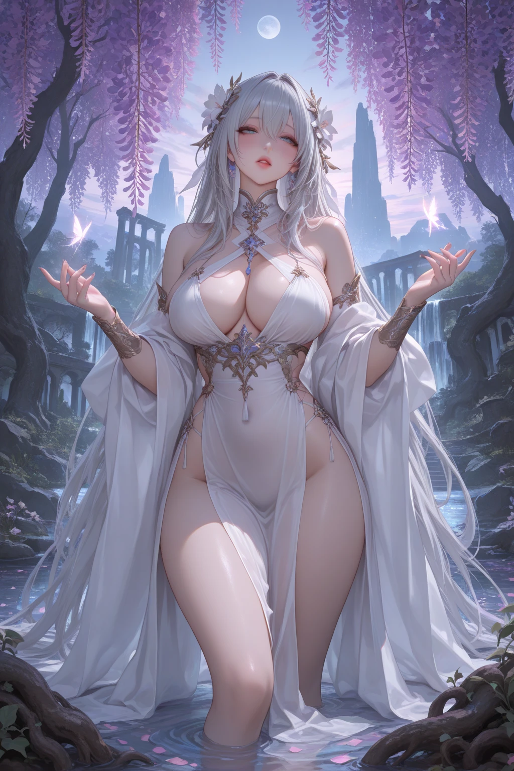 (best quality,4k,8k,highres,masterpiece:1.2), ultra-detailed, (realistic,photorealistic,photo-realistic:1.37), Elegant Milf, stunning beauty, guild director, magic swordswoman, wavy white hair, big full , wings, red jewels, slender curvy body, wearing white Button shirt, thight black skirt, fantasy setting, mystical atmosphere, enchanting garden, moonlit night, vibrant colors, soft lighting, flowing cape, confident stance, intricate armor details, background castle, sparkling stars, magical aura, alluring gaze, ethereal beauty, golden crown, elegant pose.