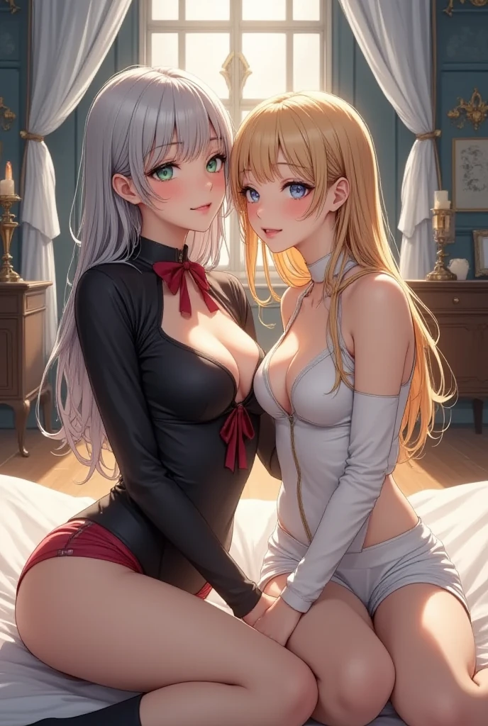 2 heads, a tall skinny woman with 2 heads. In a bedroom. Laying in a bed. Tiny  top. Gorgeous face. Cute. Happy. Mature. Flirty. Goth. Messy red hair. Pulling shirt. . . Thick eyeshadow. Cool, smug expression. Blushing a lot. 