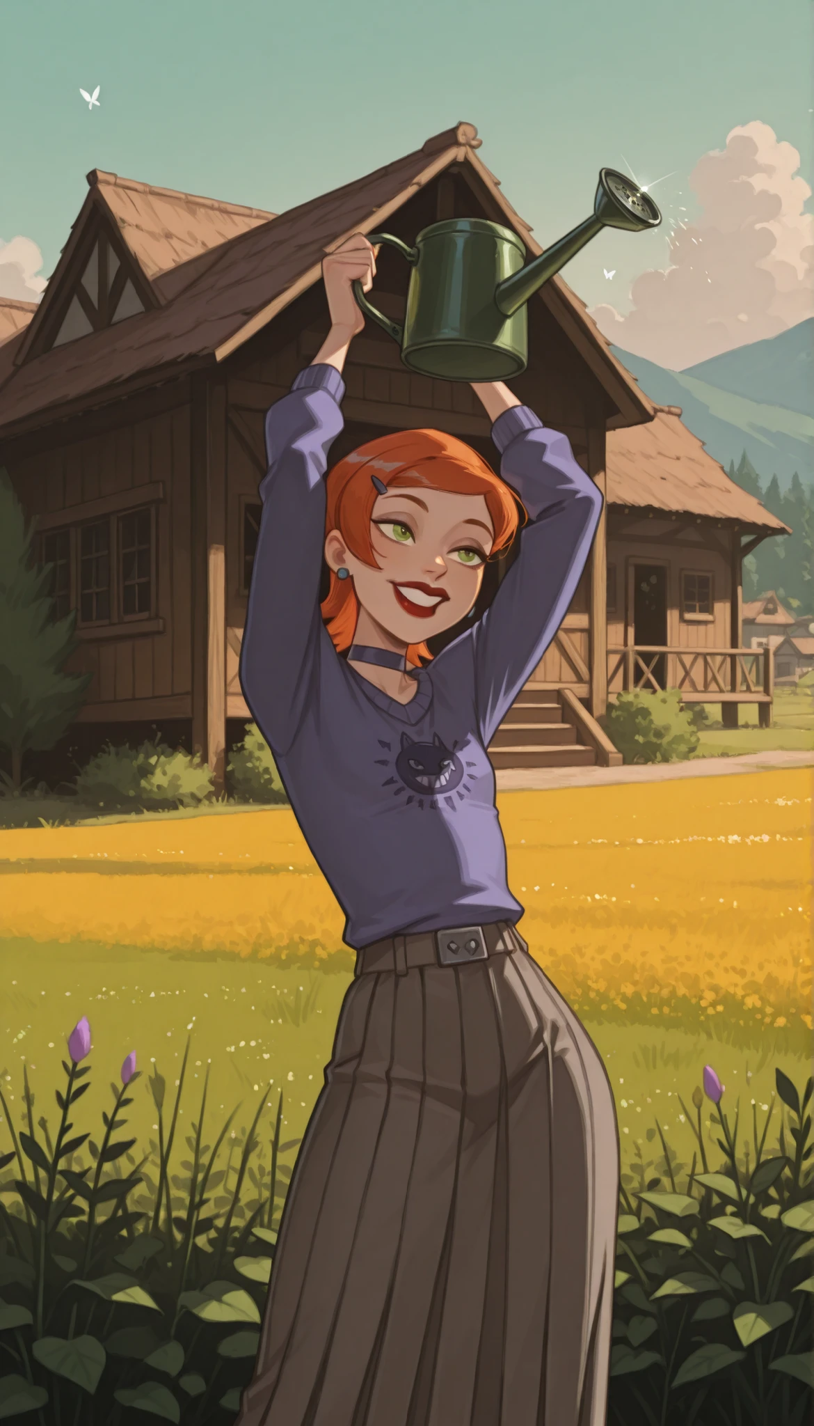 Gwen Tennyson . ginger . short hair .red lips, green eyes . flat breasts, flat chest, huge hips . slim body . choker . | Create a top‑down view (overhead camera) of a peaceful rural world in the style of Stardew Valley. A character in an oversized sweater and a long skirt is tending to crops in a lush summer field. In the background, a Slavic village with wooden houses and thatched roofs stretches across the valley. Vibrant green fields, wildflowers, and neatly arranged vegetable patches fill the landscape. Warm summer light, soft shadows, and a cheerful pastel color palette. Include small details: a watering can, garden tools, butterflies fluttering above the plants. Mood: cozy, idyllic, and full of quiet rural charm. --ar 16:9